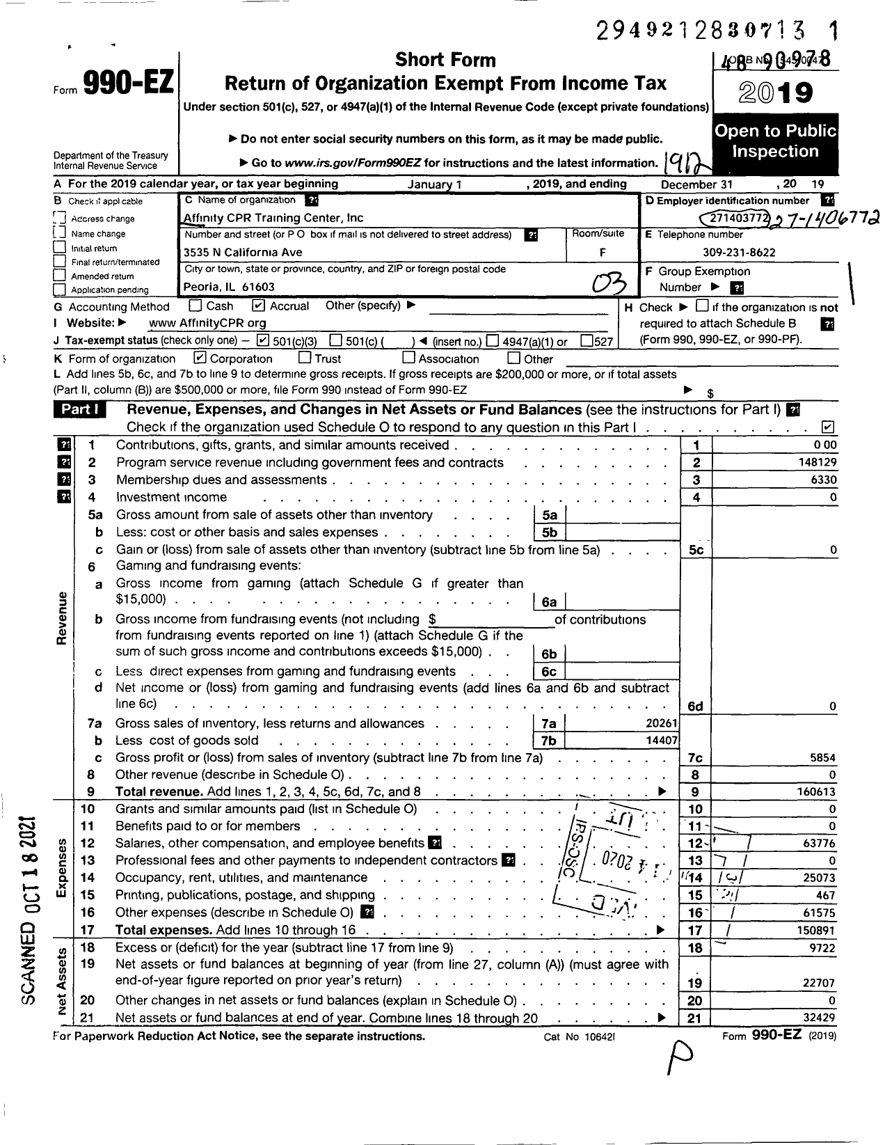 Image of first page of 2019 Form 990EZ for Affinity CPR Training Center