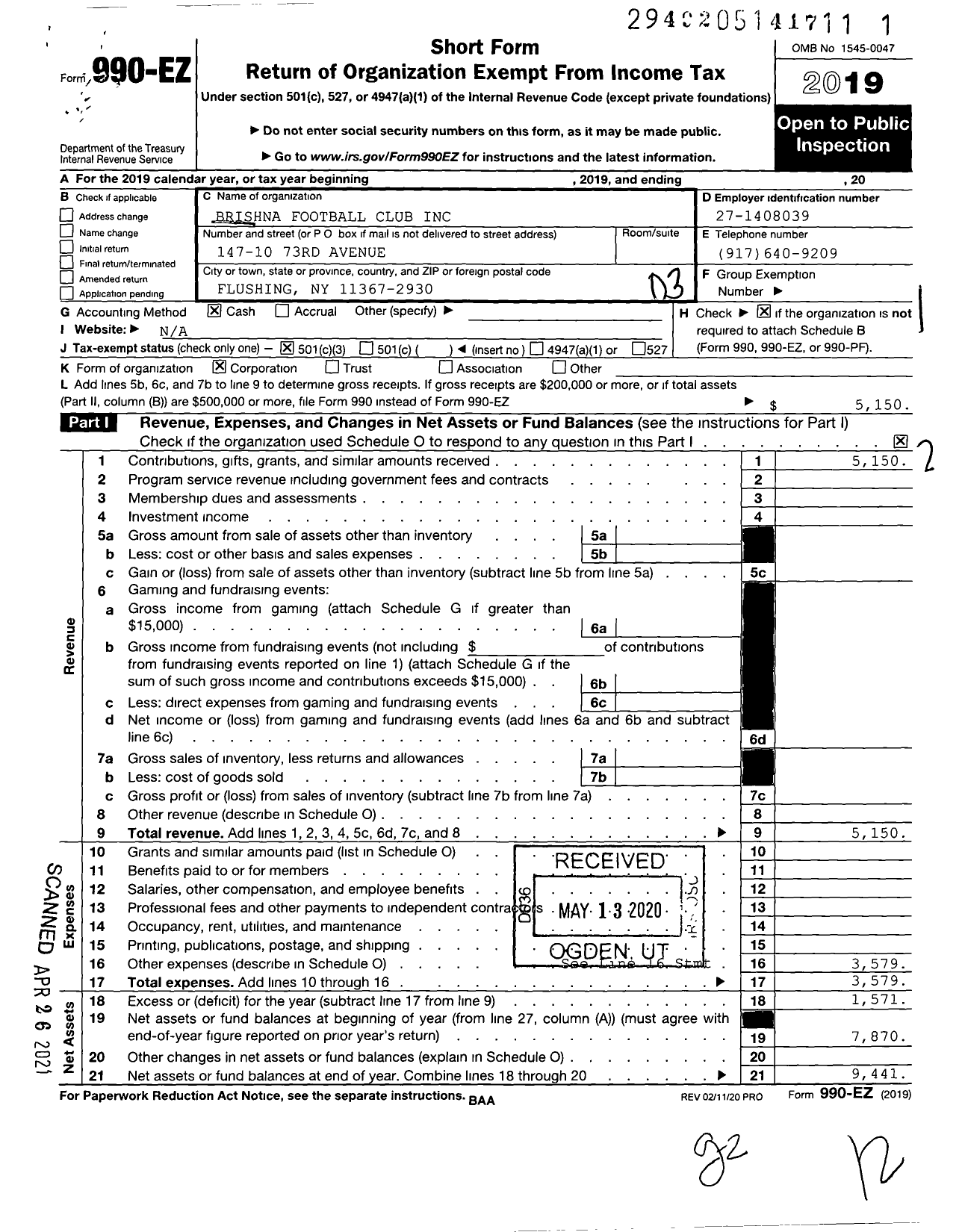 Image of first page of 2019 Form 990EZ for Brishna Football Club