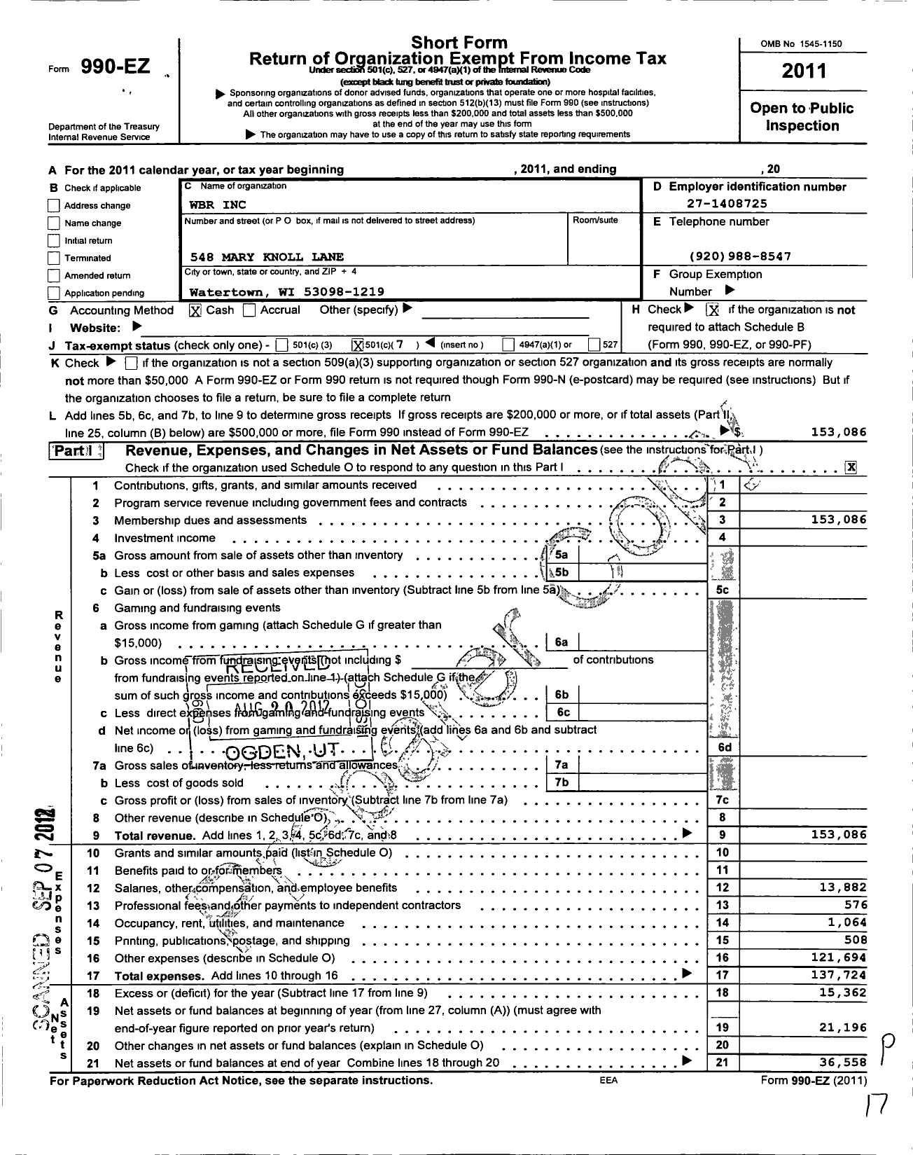 Image of first page of 2011 Form 990EO for WBR