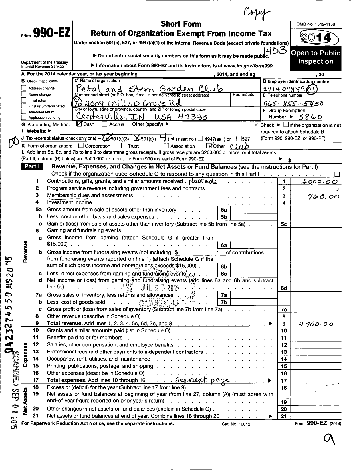 Image of first page of 2013 Form 990EO for Garden Club of Indiana / Petal & Stem GC