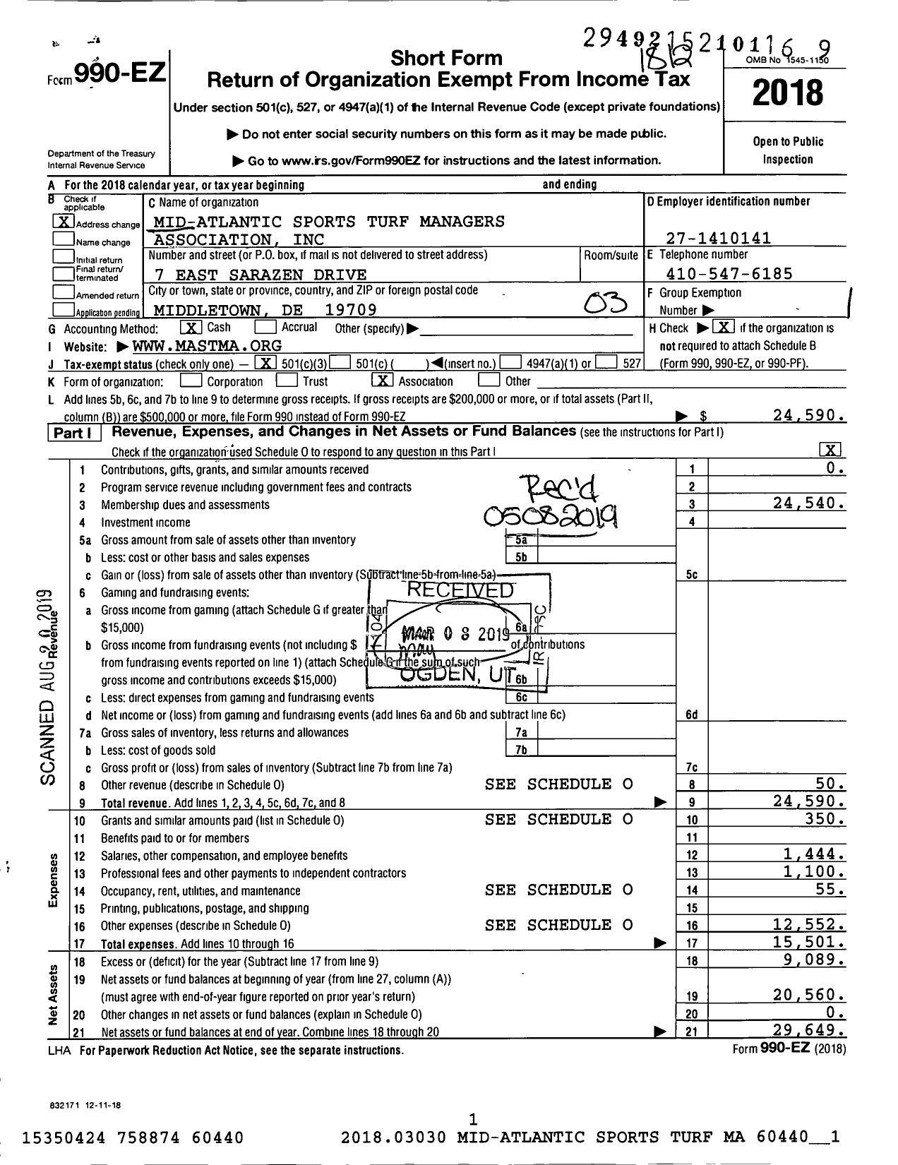 Image of first page of 2018 Form 990EZ for Mid Atlantic Sports Turf Managers Association