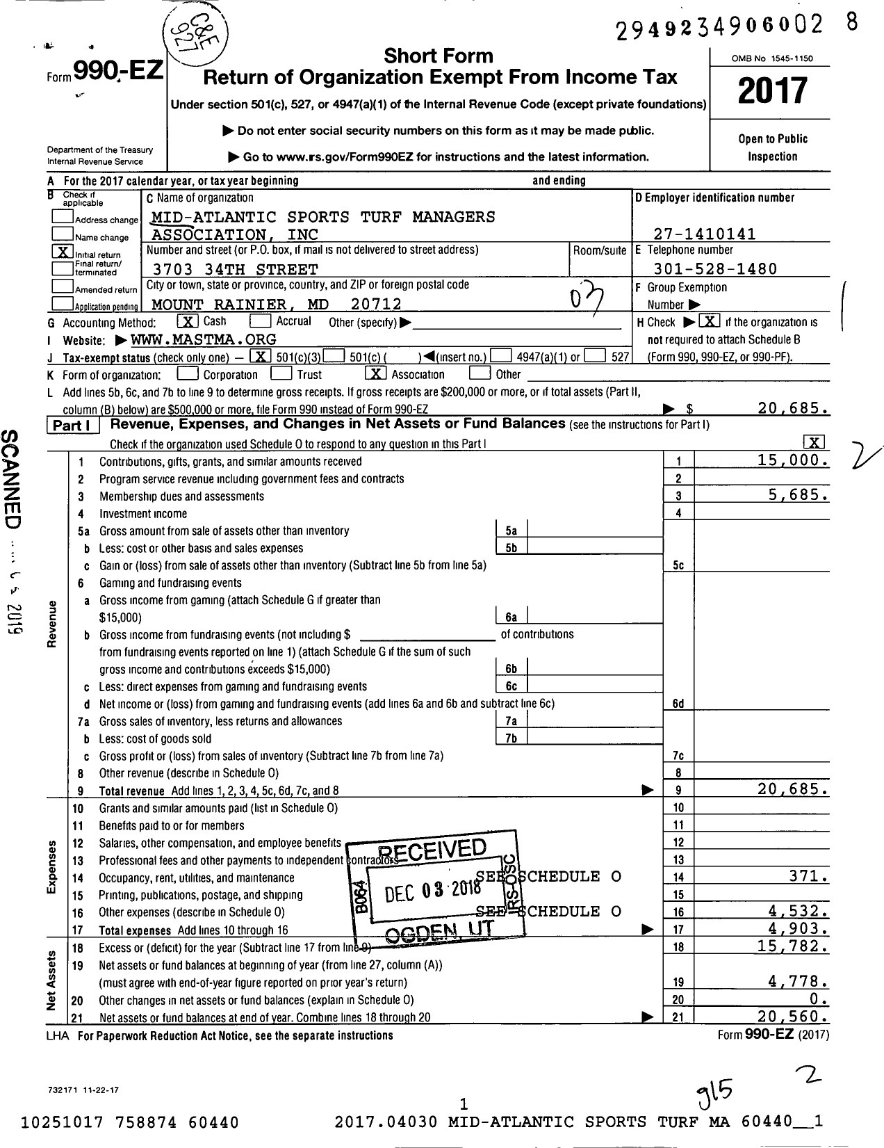 Image of first page of 2017 Form 990EZ for Mid Atlantic Sports Turf Managers Association