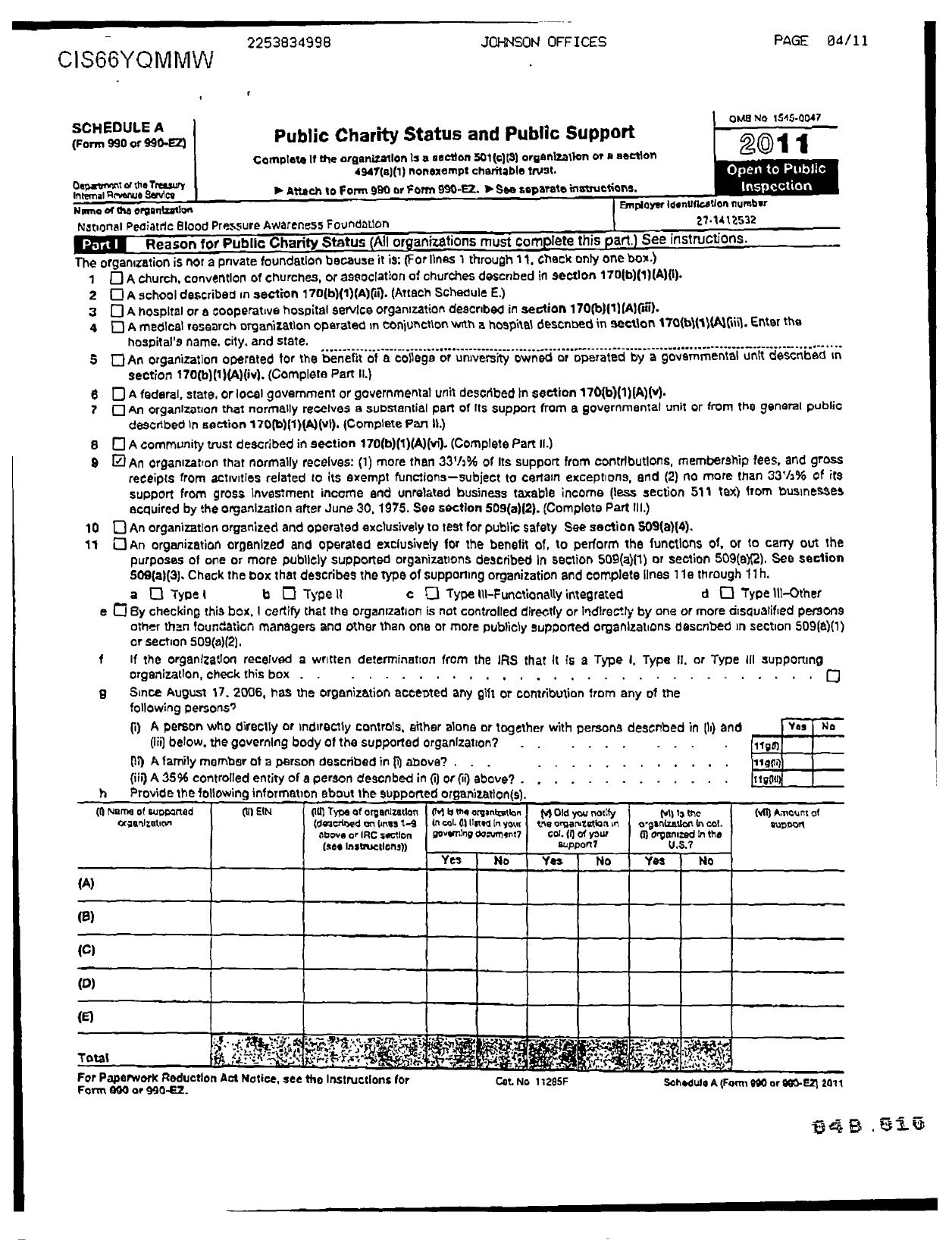 Image of first page of 2011 Form 990ER for National Pediatric Blood Pressure Awareness Foundation