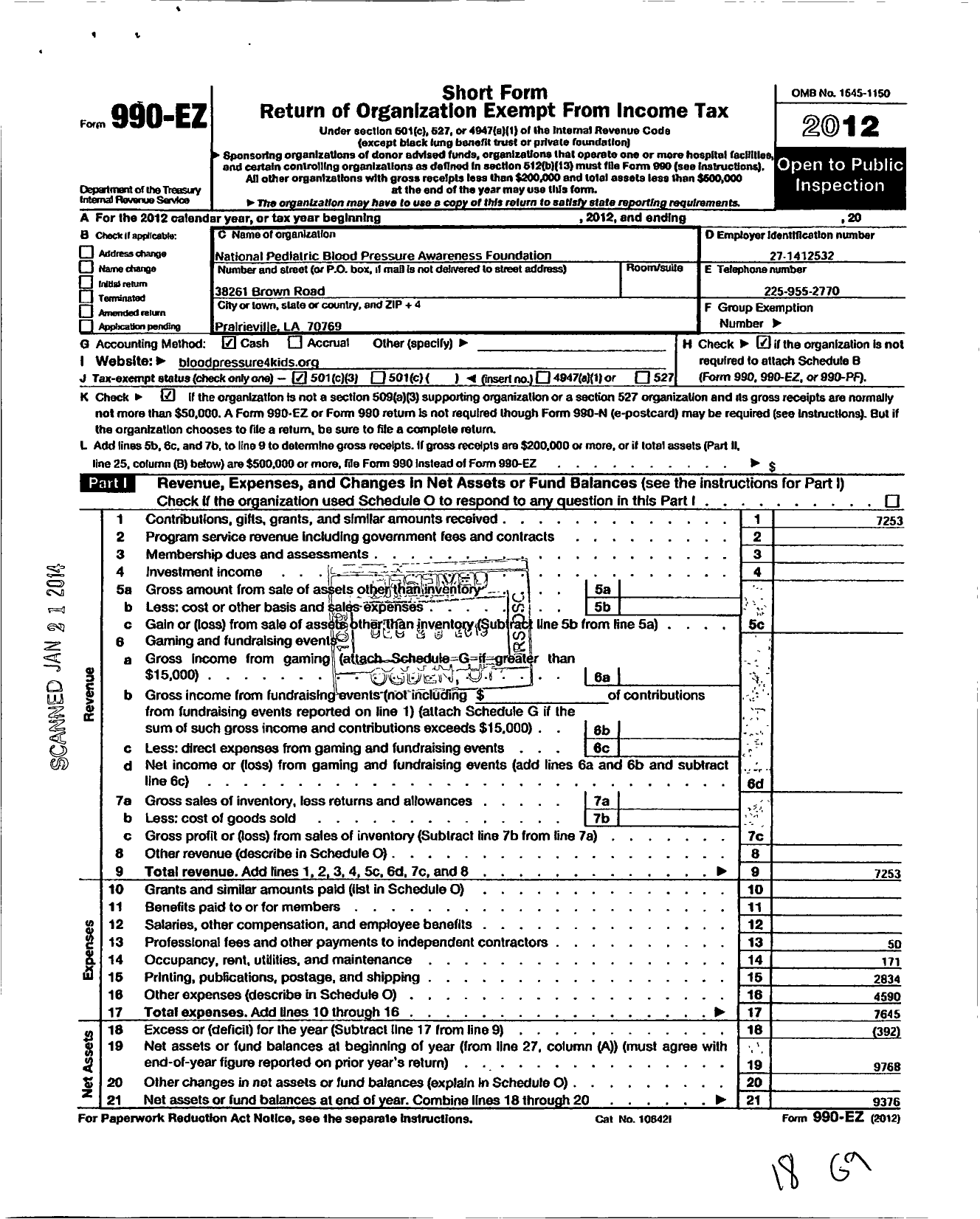 Image of first page of 2012 Form 990EZ for National Pediatric Blood Pressure Awareness Foundation