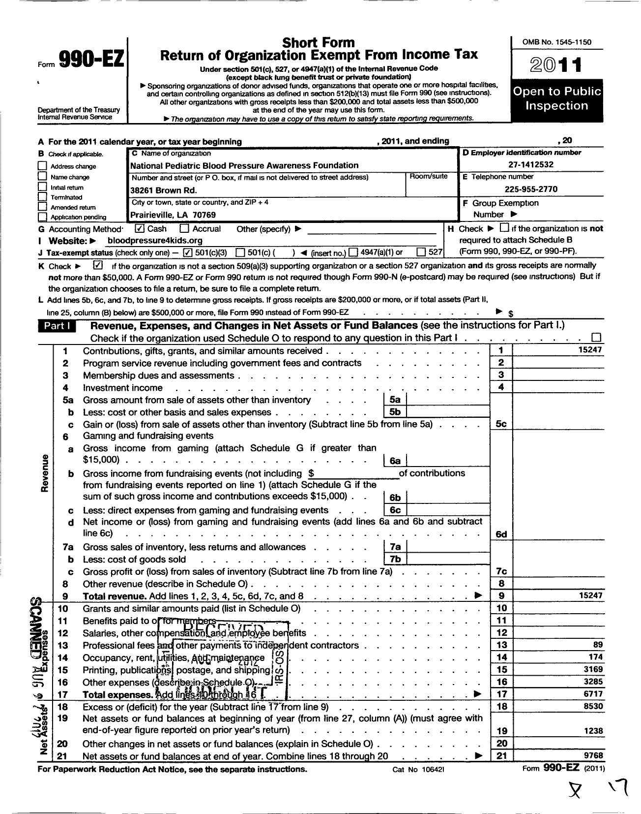 Image of first page of 2011 Form 990EZ for National Pediatric Blood Pressure Awareness Foundation