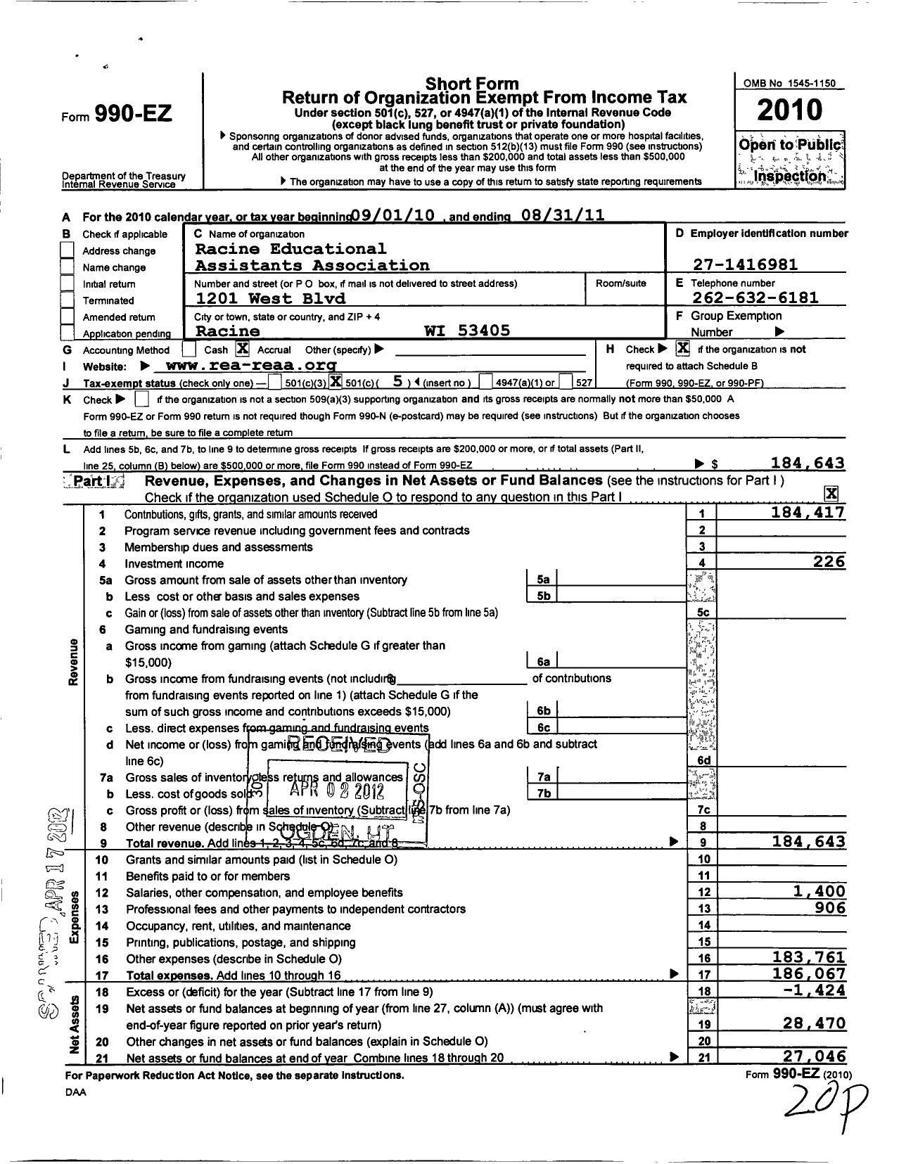 Image of first page of 2010 Form 990EO for Racine Educational Assistants Association