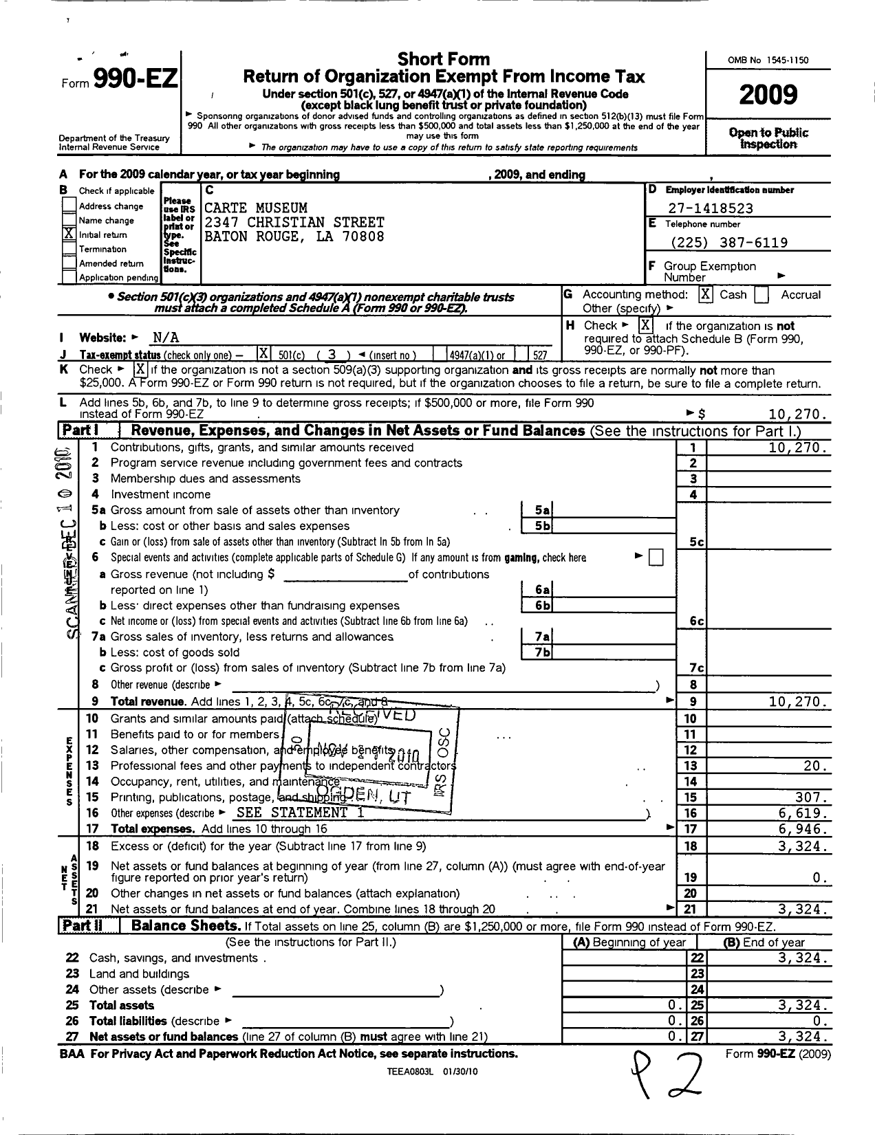 Image of first page of 2009 Form 990EZ for Carte Museum