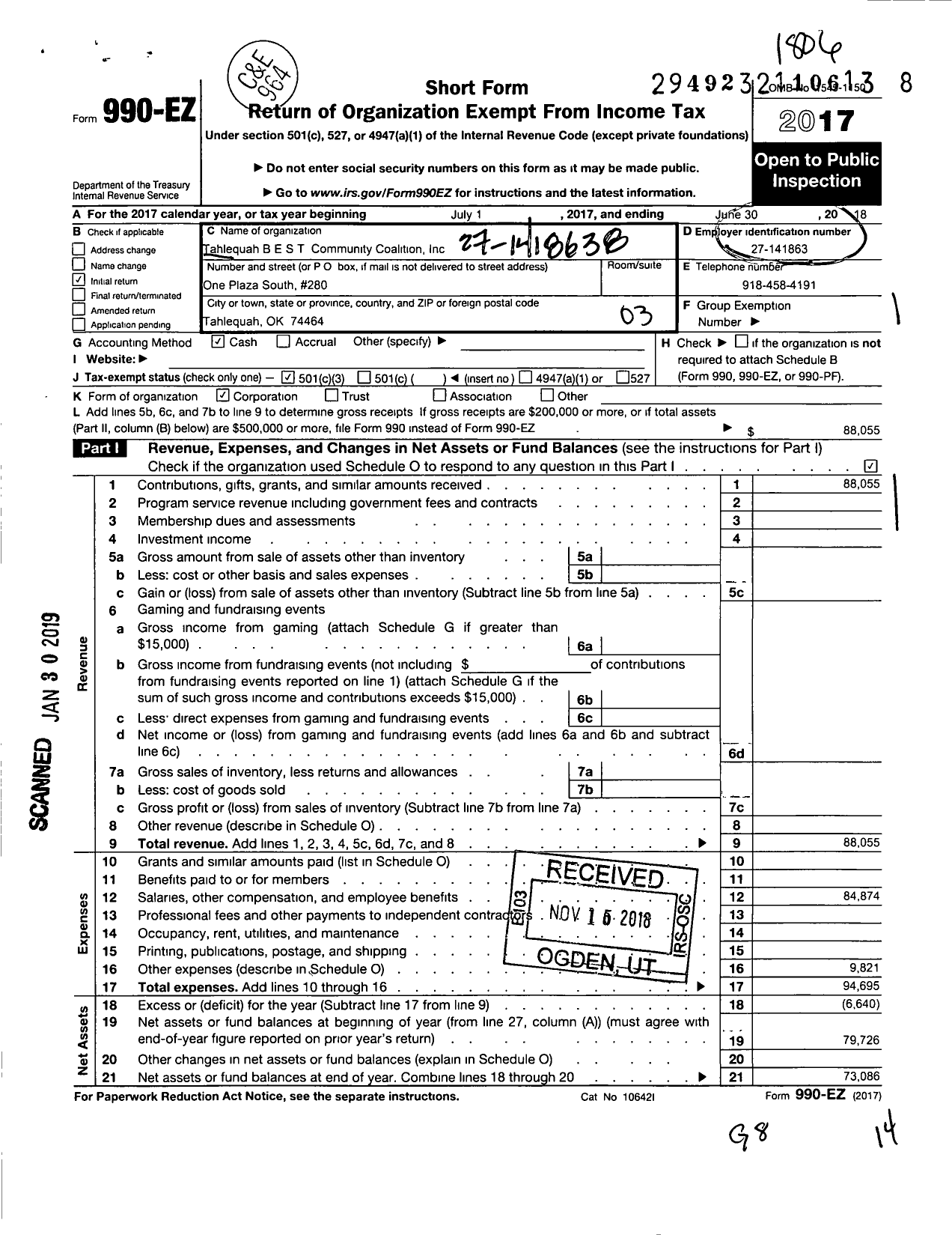 Image of first page of 2017 Form 990EZ for Tahlequah Best Community Coalition