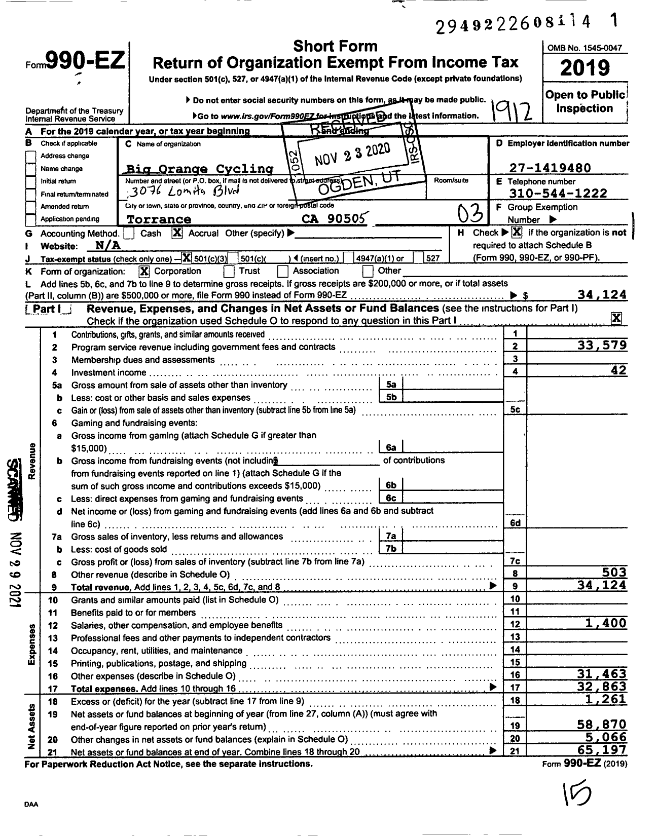 Image of first page of 2019 Form 990EZ for Big Orange Cycling