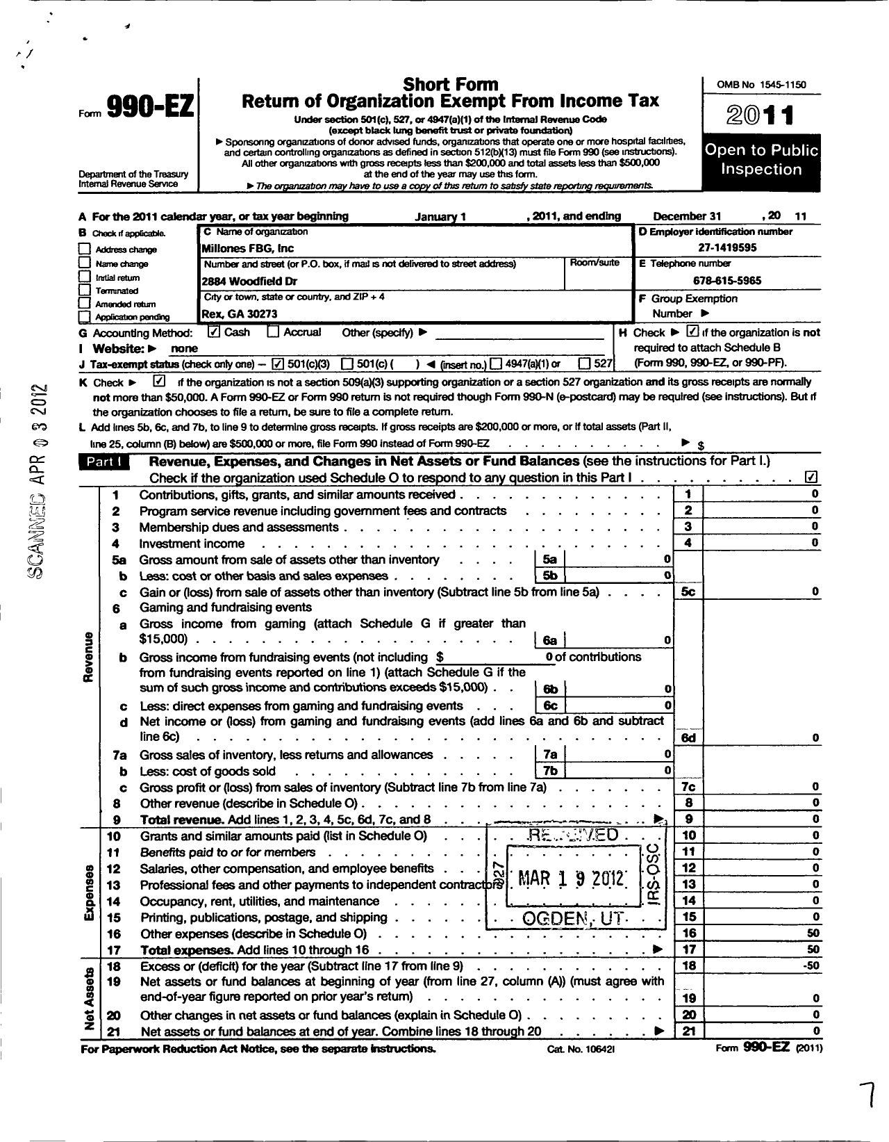 Image of first page of 2011 Form 990EZ for Millones FBG