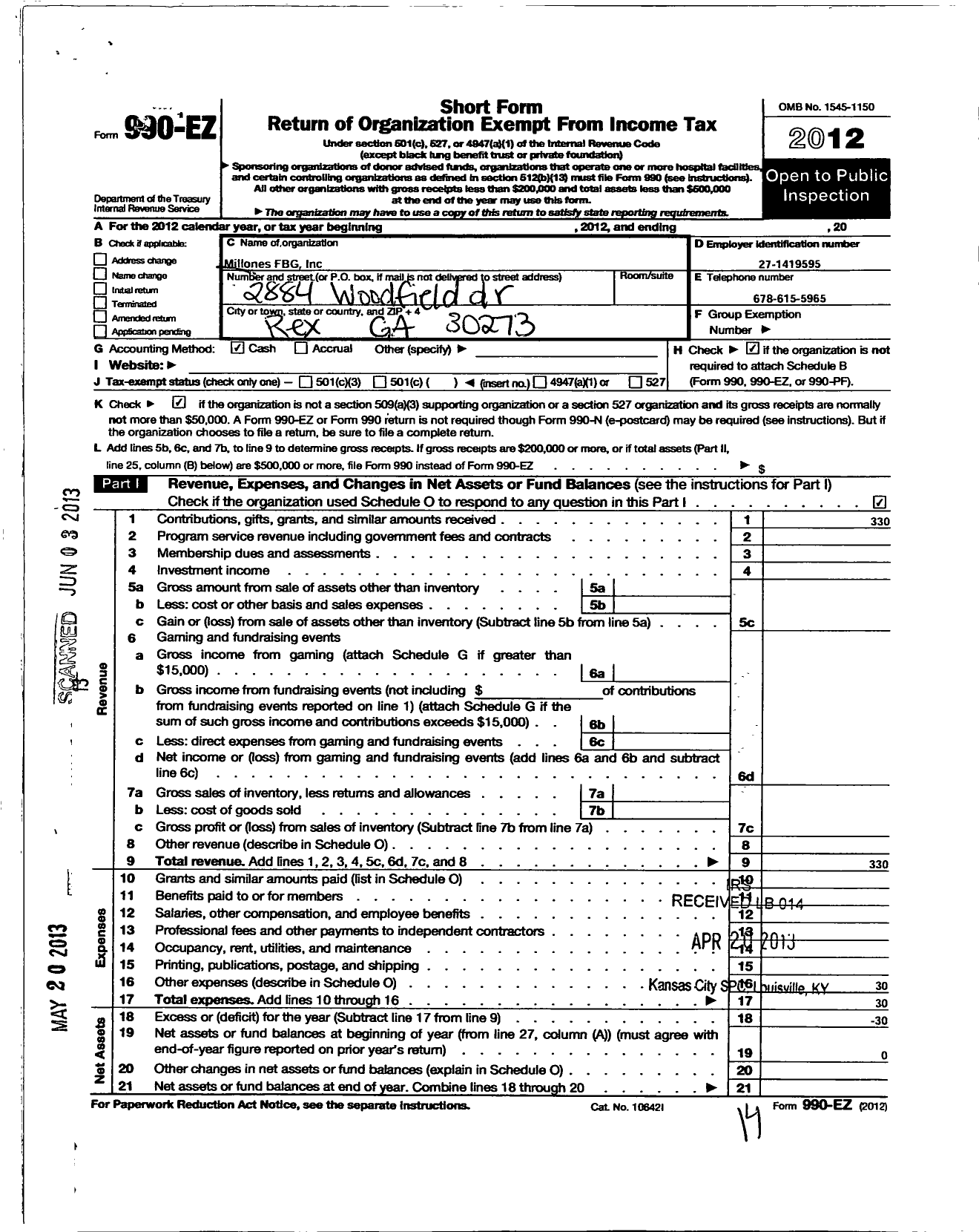 Image of first page of 2012 Form 990EO for Millones FBG