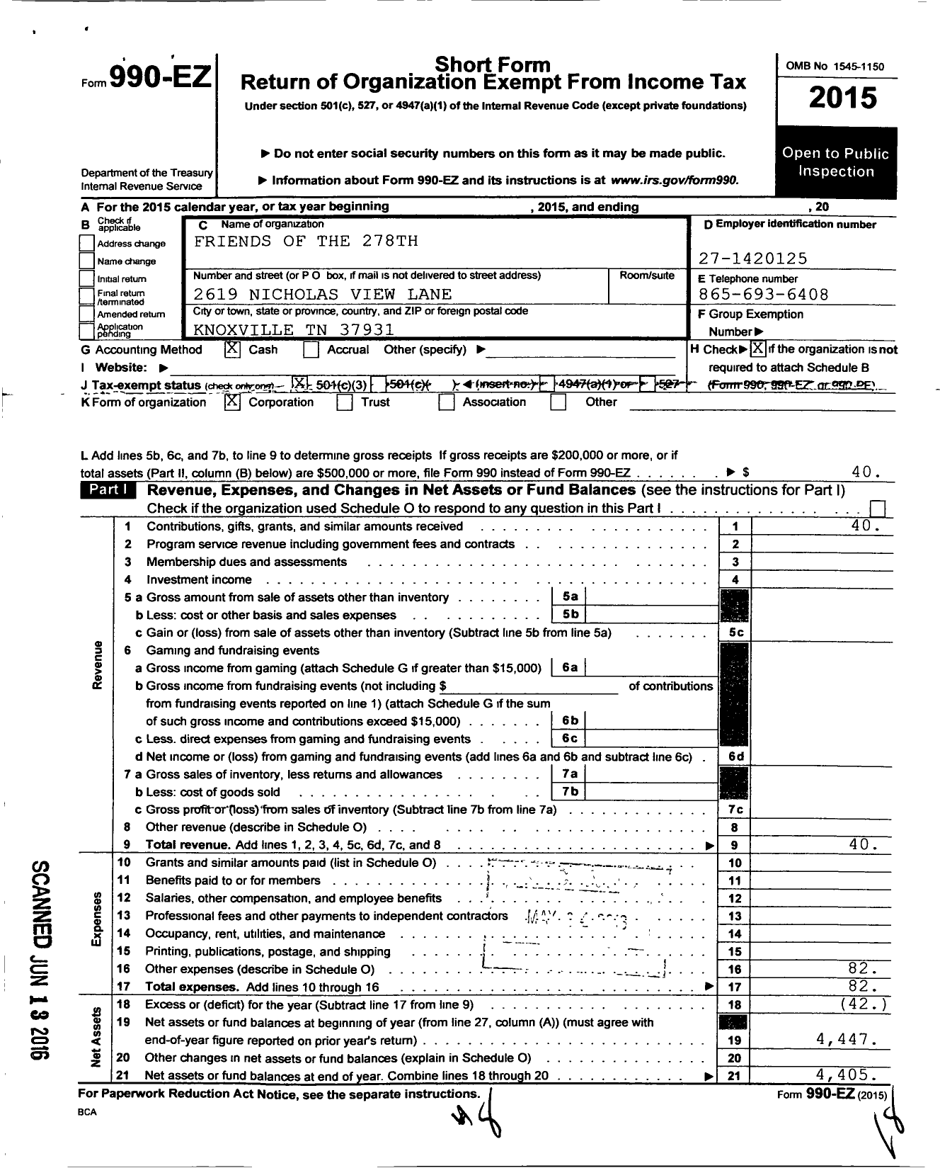 Image of first page of 2015 Form 990EZ for Friends of the 278th