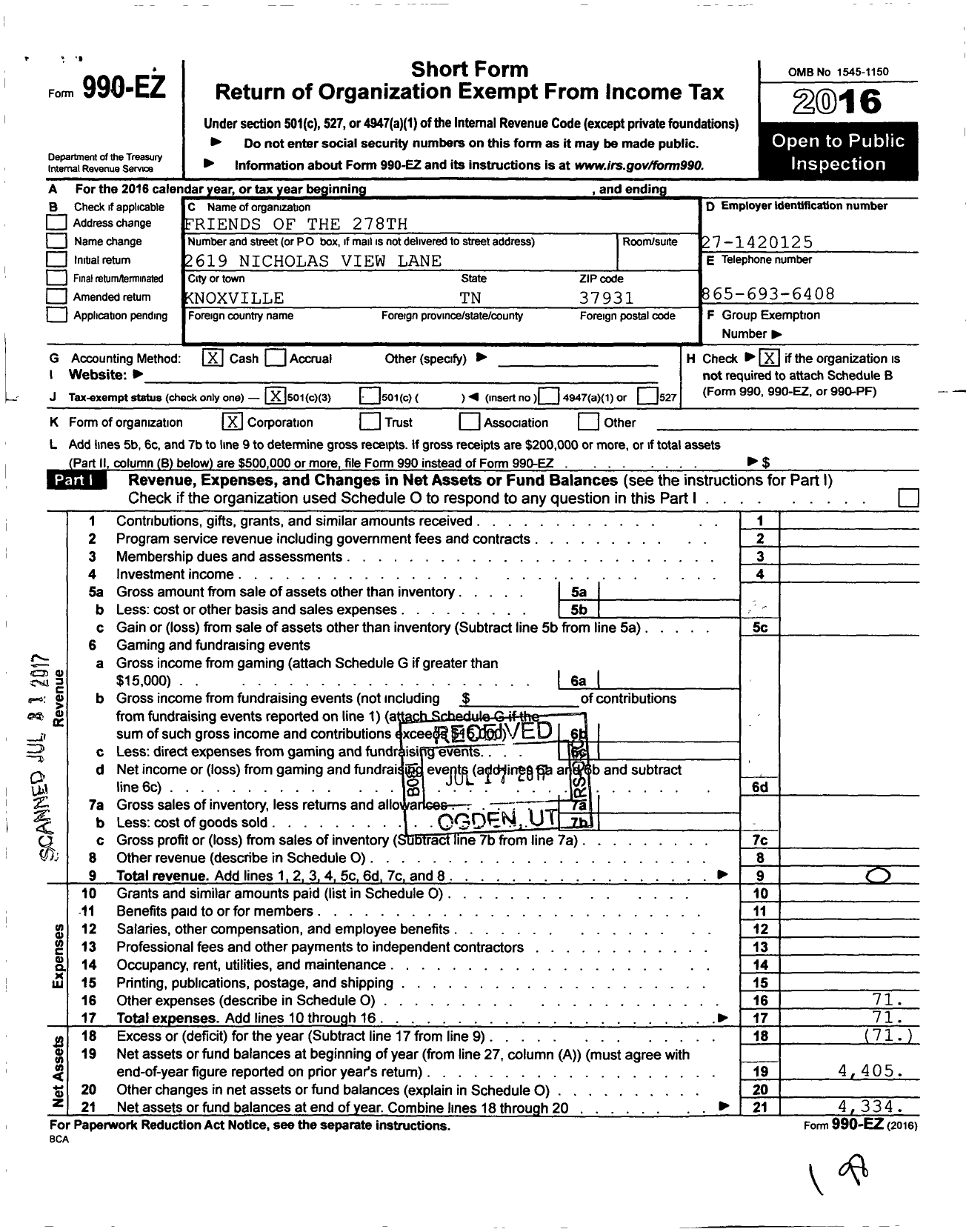 Image of first page of 2016 Form 990EZ for Friends of the 278th