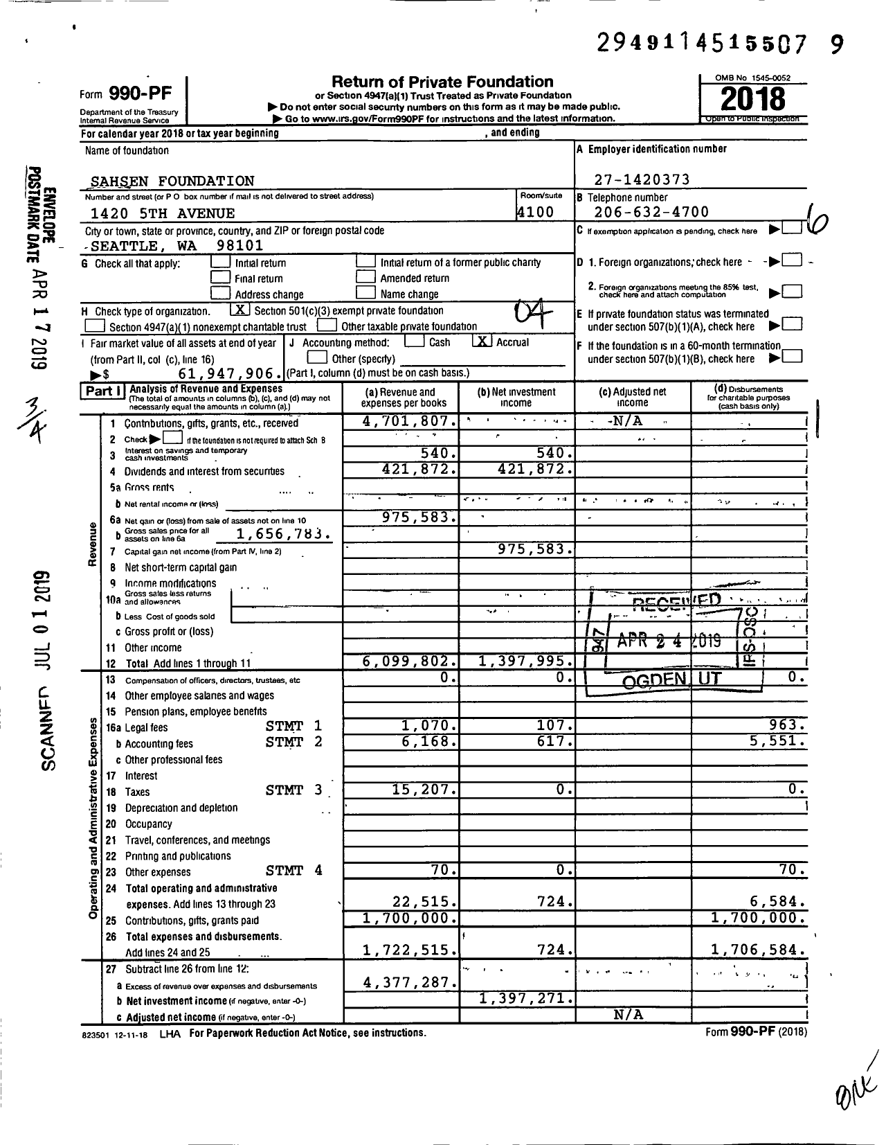 Image of first page of 2018 Form 990PF for Sahsen Foundation