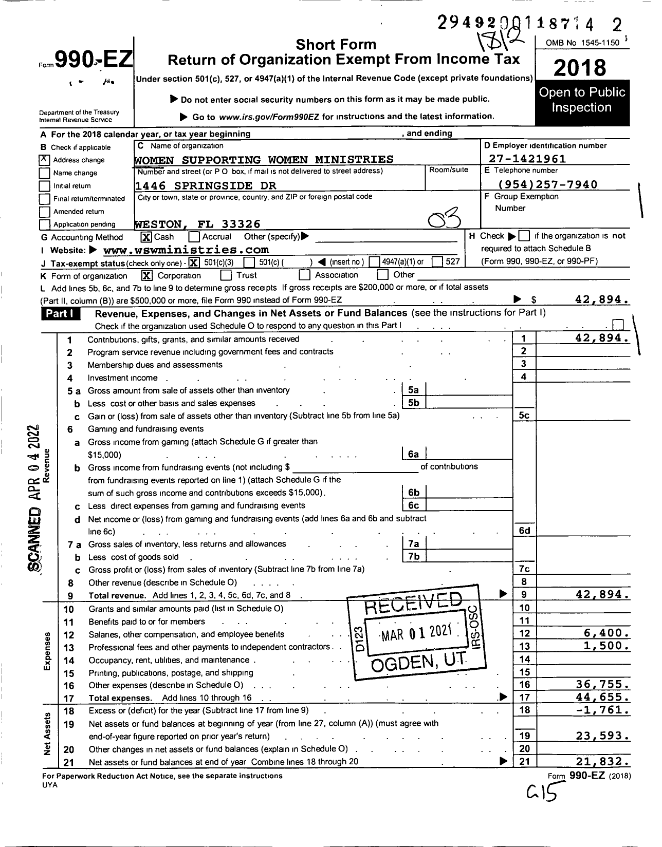 Image of first page of 2018 Form 990EZ for Women Supporting Women Ministries