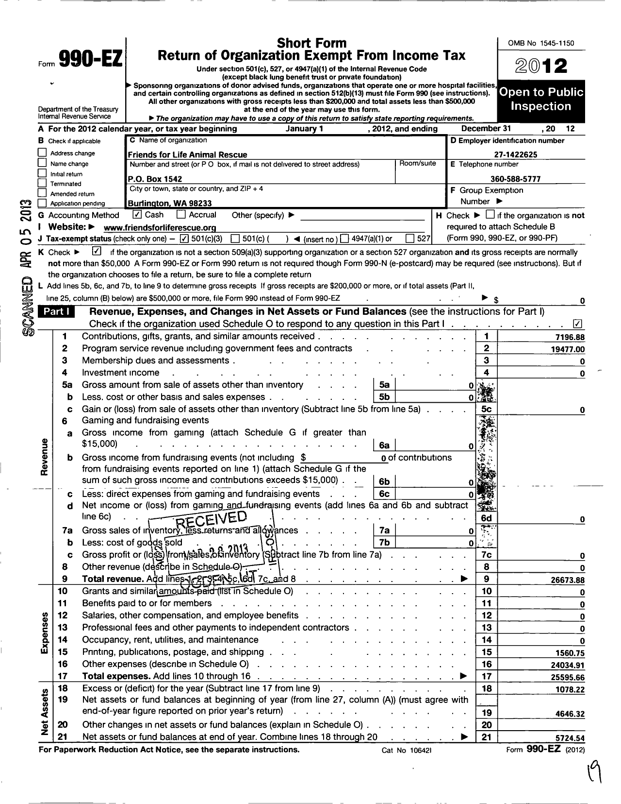 Image of first page of 2012 Form 990EZ for Friends for Life Animal Rescue