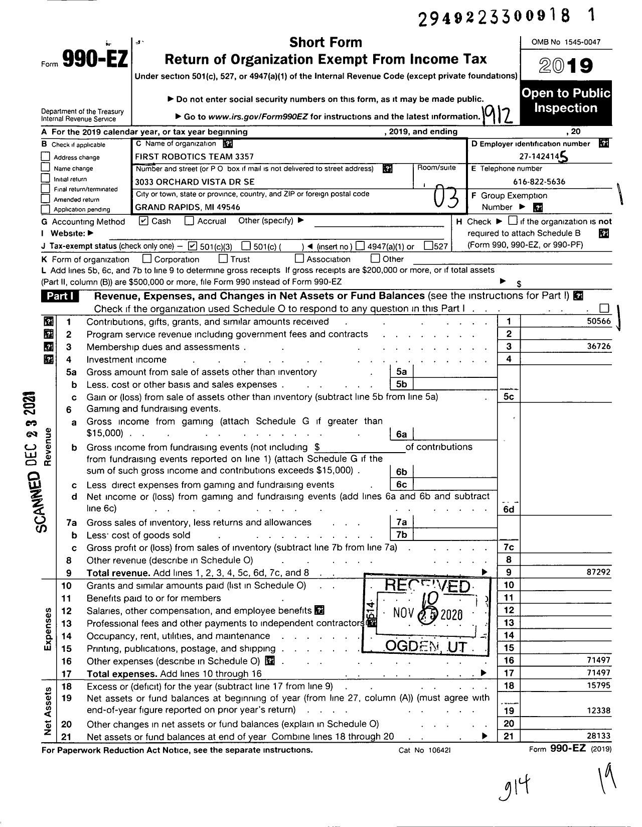 Image of first page of 2019 Form 990EZ for First Robotics Team 3357