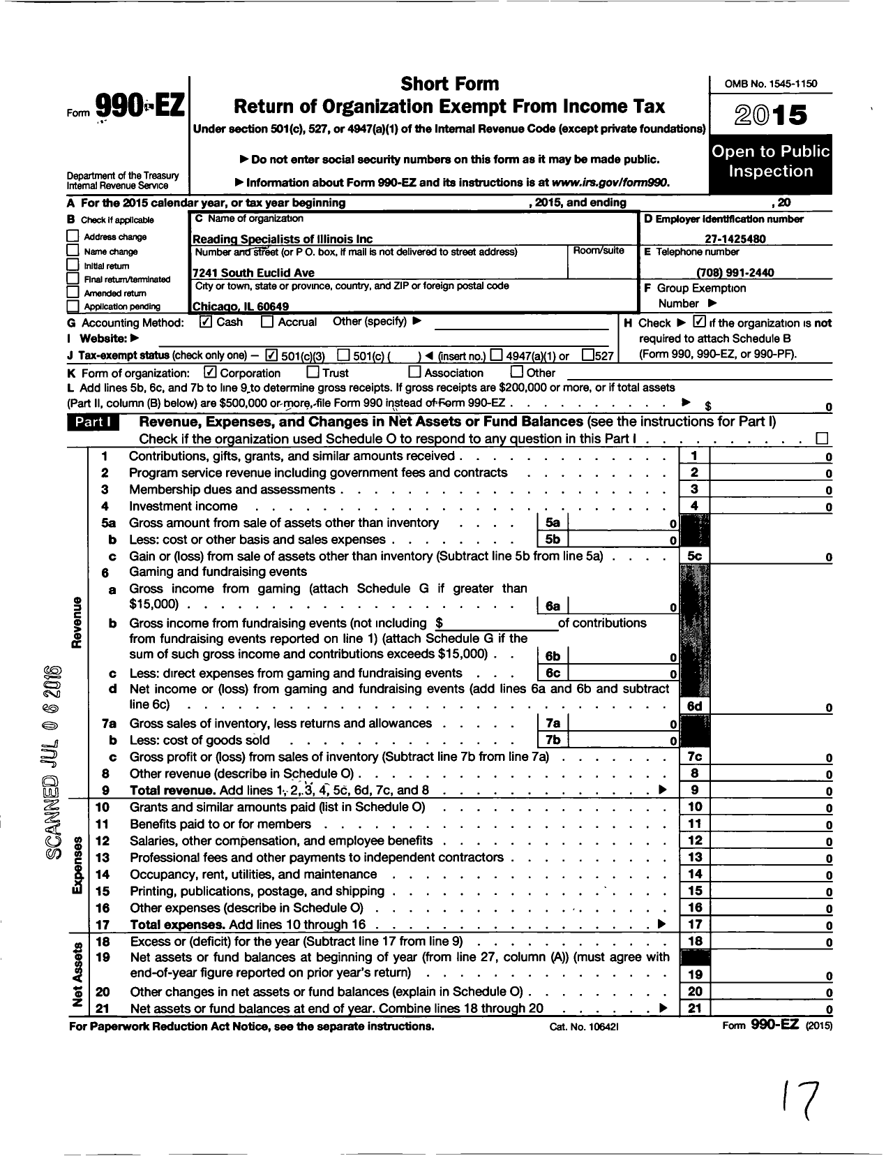 Image of first page of 2015 Form 990EZ for Reading Specialists of Illinois