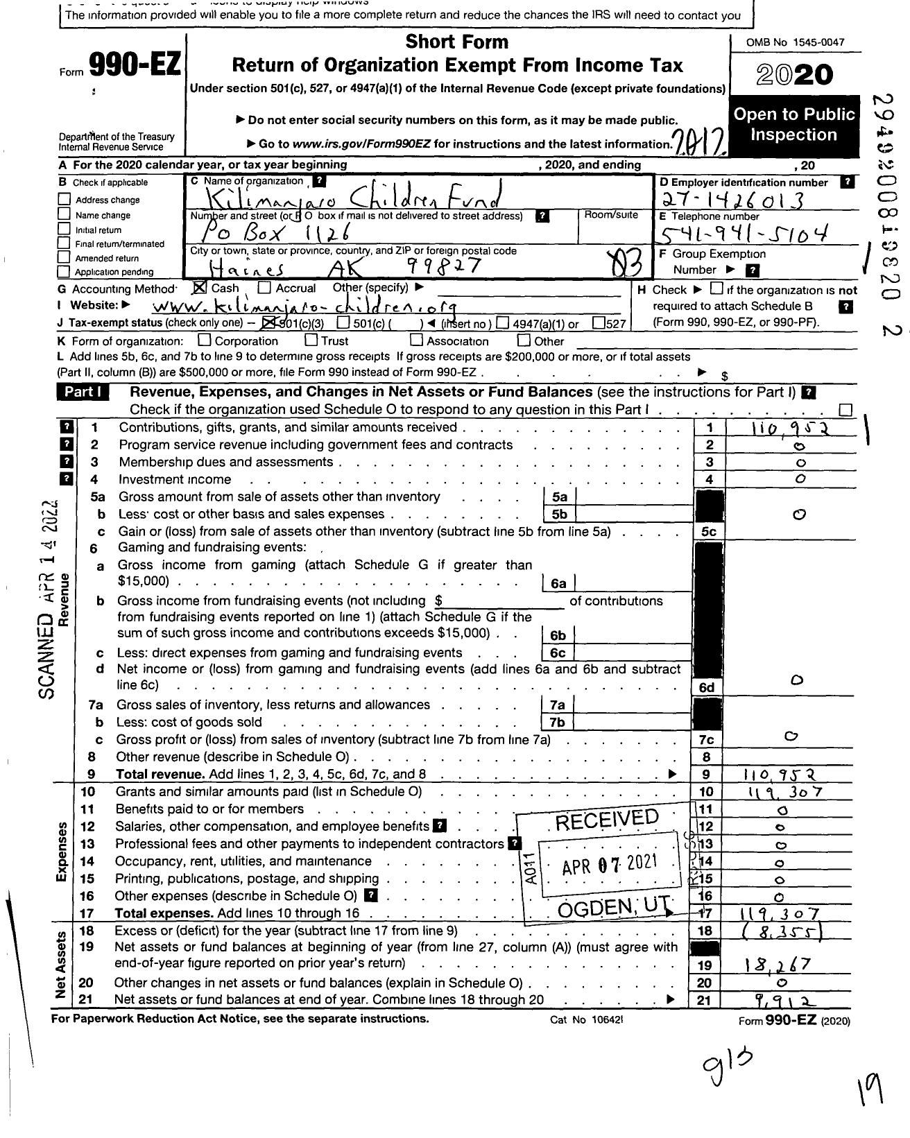 Image of first page of 2020 Form 990EZ for Kilimanjaro Childrens Fund