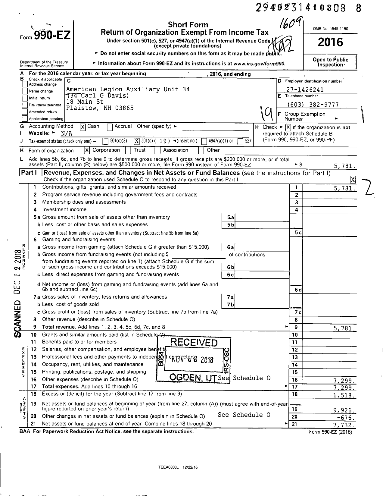 Image of first page of 2015 Form 990EO for American Legion Auxiliary Unit 34