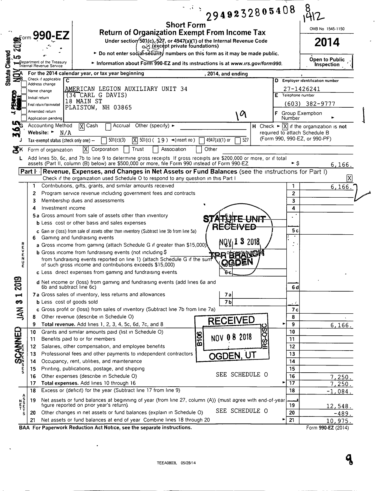 Image of first page of 2014 Form 990EO for American Legion Auxiliary Unit 34