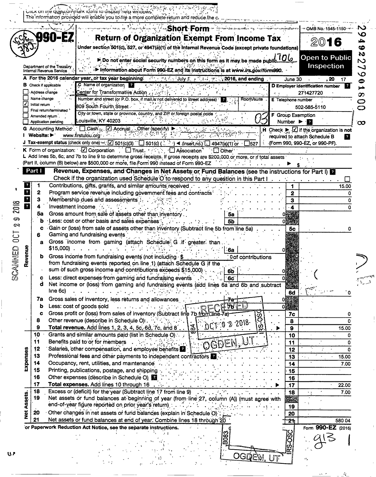 Image of first page of 2016 Form 990EZ for Center for Transformative Action