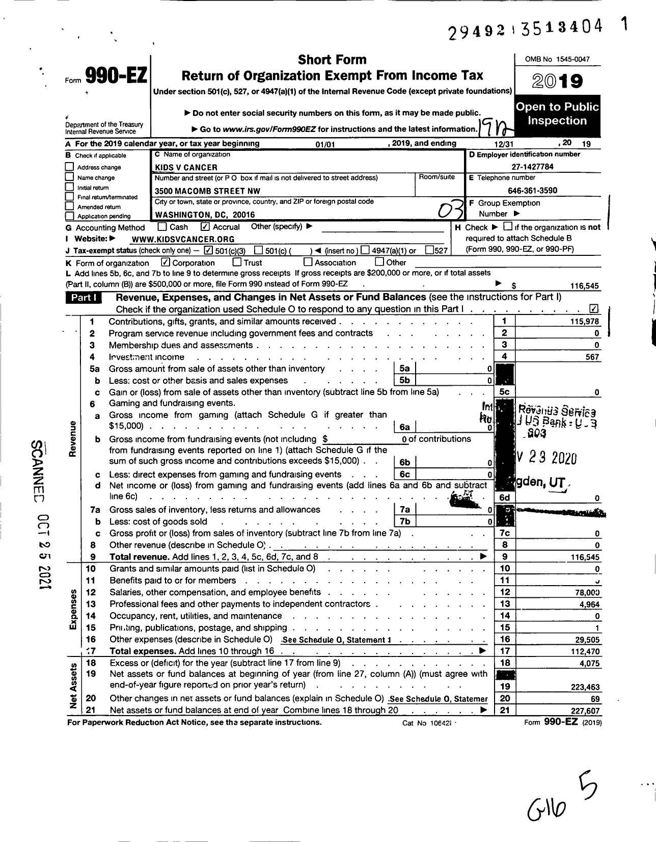 Image of first page of 2019 Form 990EZ for Kids V Cancer