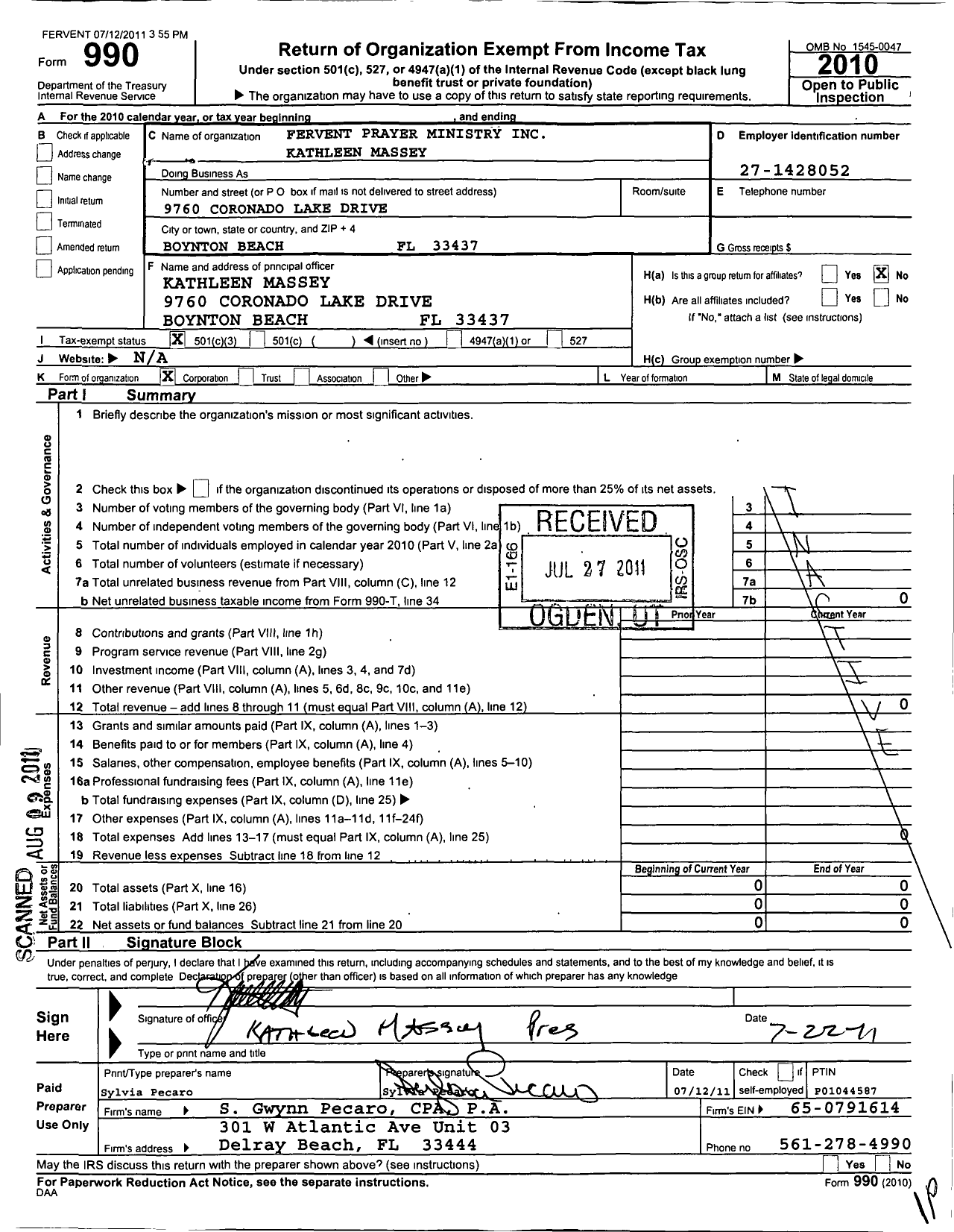 Image of first page of 2010 Form 990 for Fervent Prayer Ministry