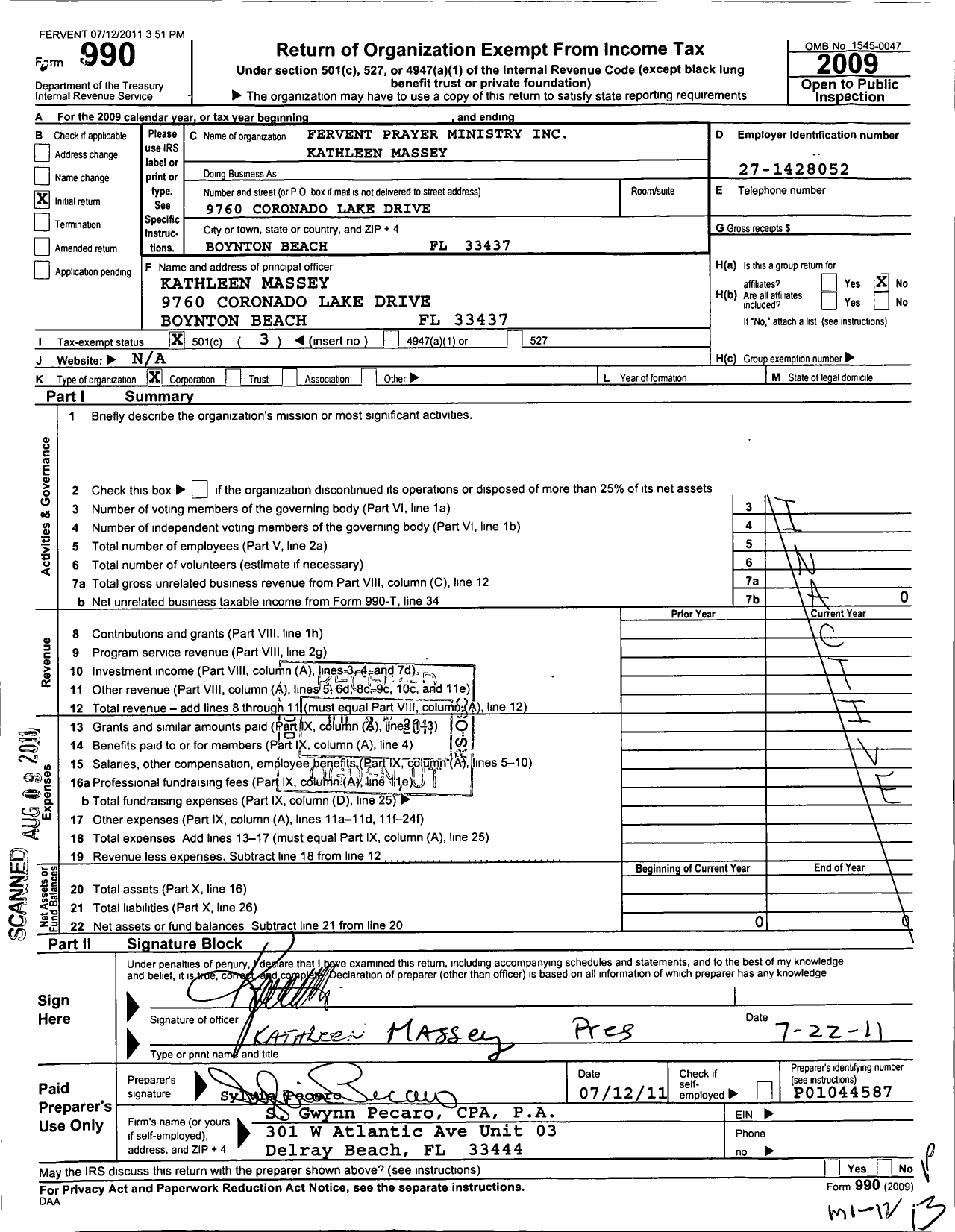 Image of first page of 2009 Form 990 for Fervent Prayer Ministry