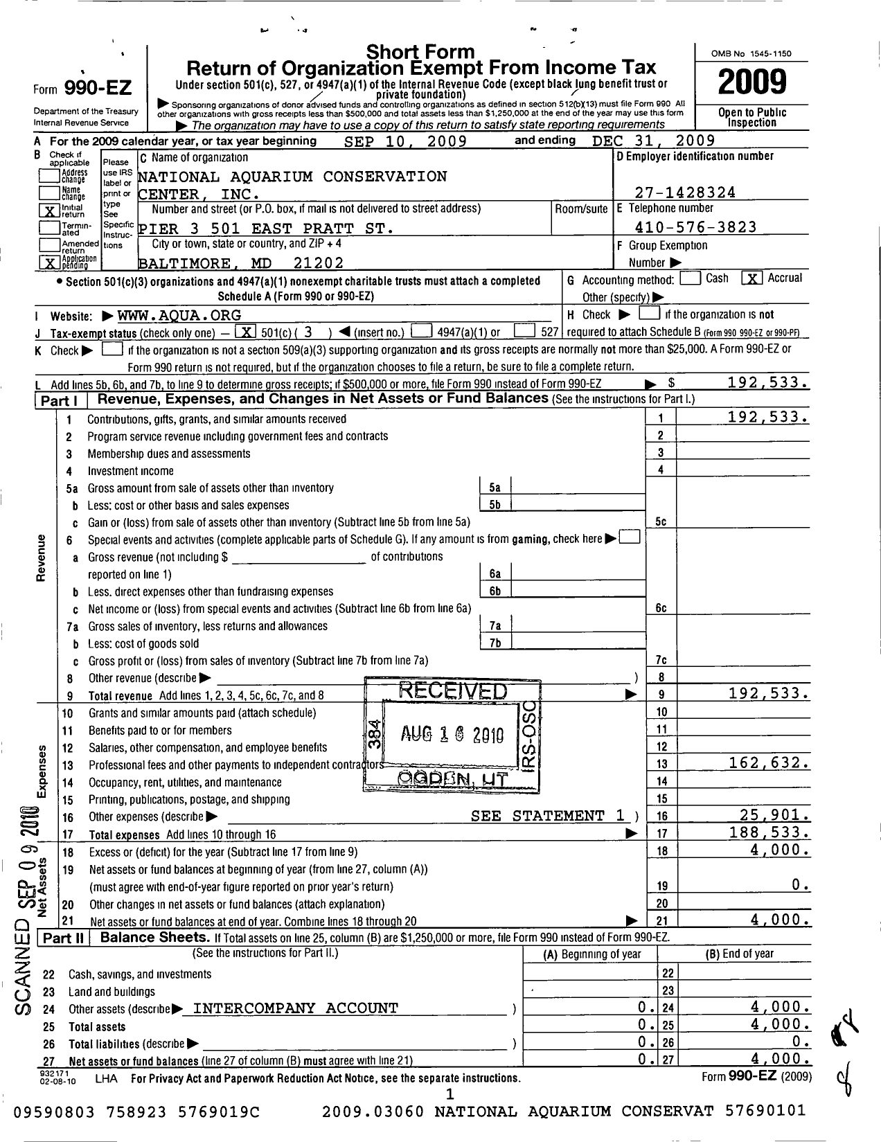 Image of first page of 2009 Form 990EZ for National Aquarium Conservation Center