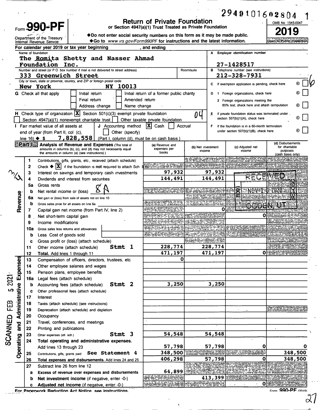 Image of first page of 2019 Form 990PF for Romita Shetty and Nasser Ahmad Foundation