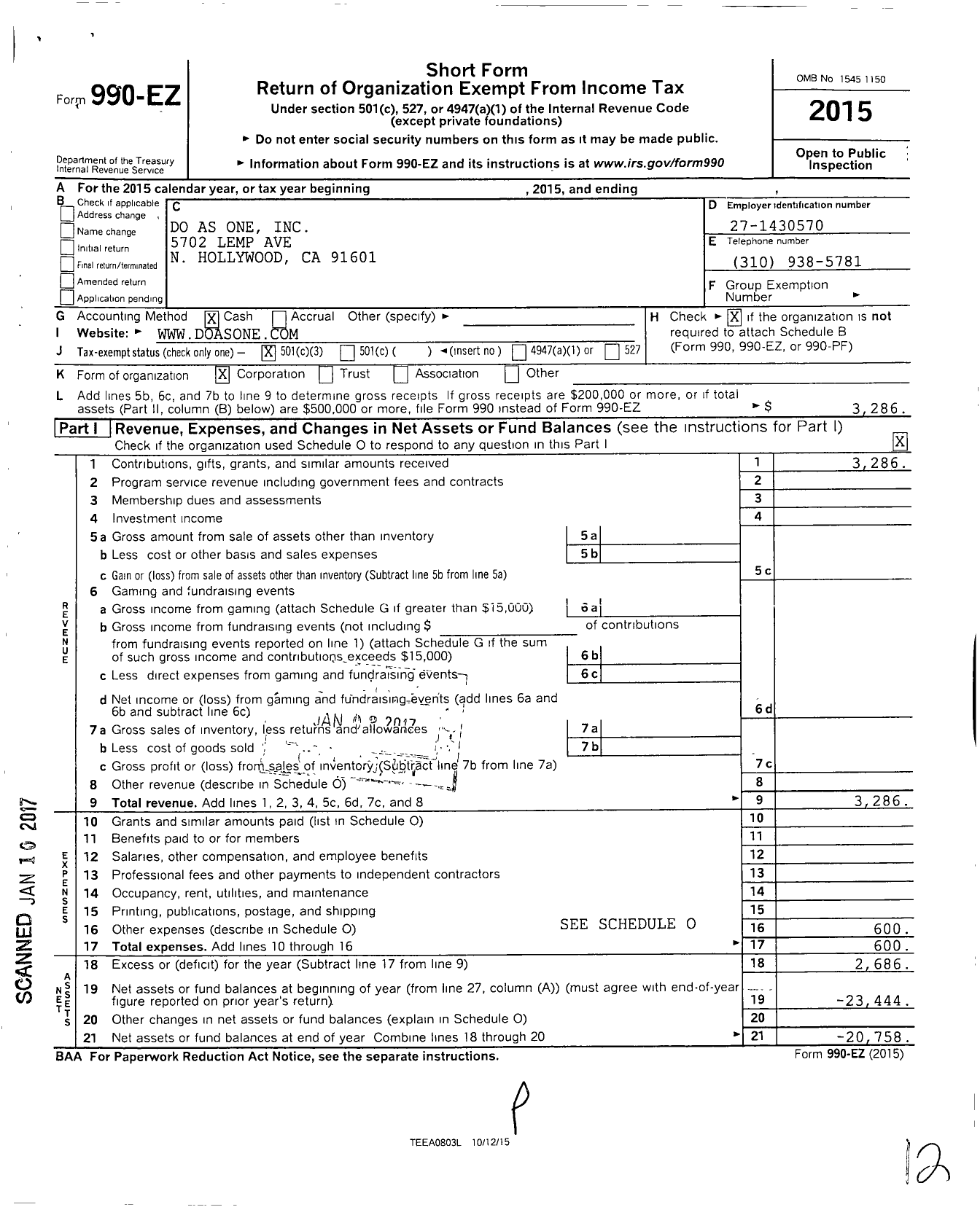 Image of first page of 2015 Form 990EZ for Do As One