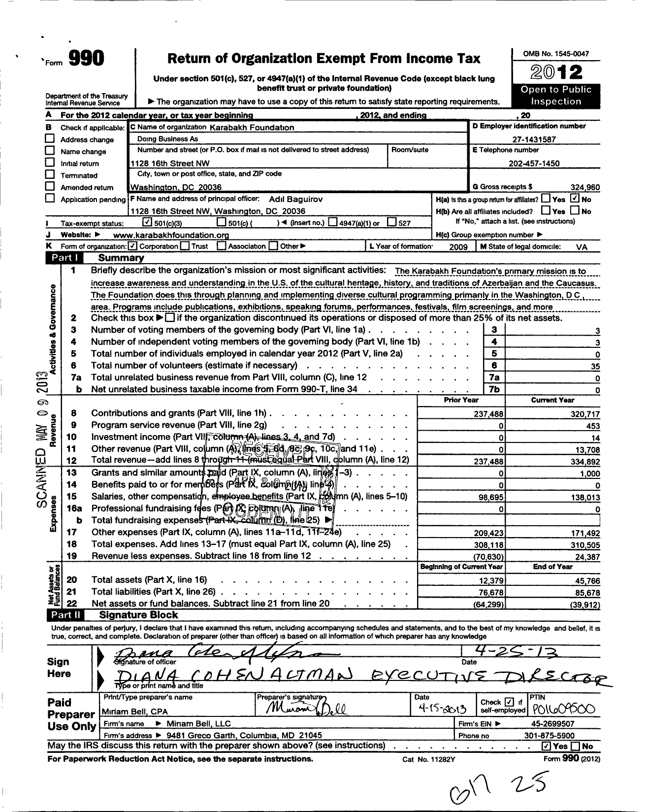 Image of first page of 2012 Form 990 for Karabakh Foundation