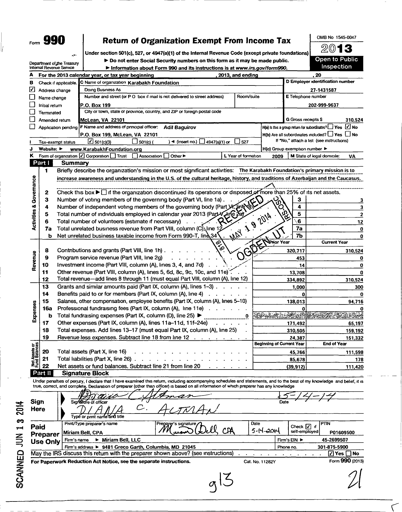 Image of first page of 2013 Form 990 for Karabakh Foundation