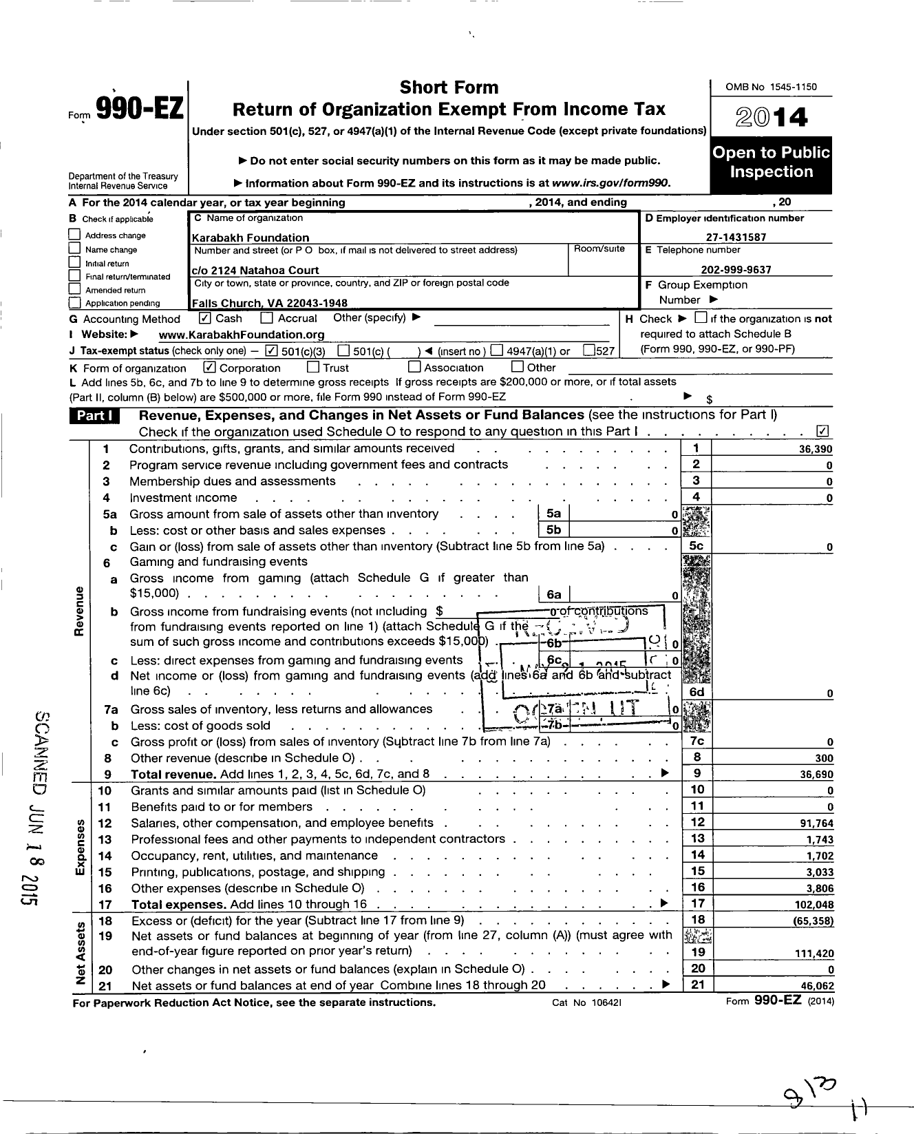 Image of first page of 2014 Form 990EZ for Karabakh Foundation