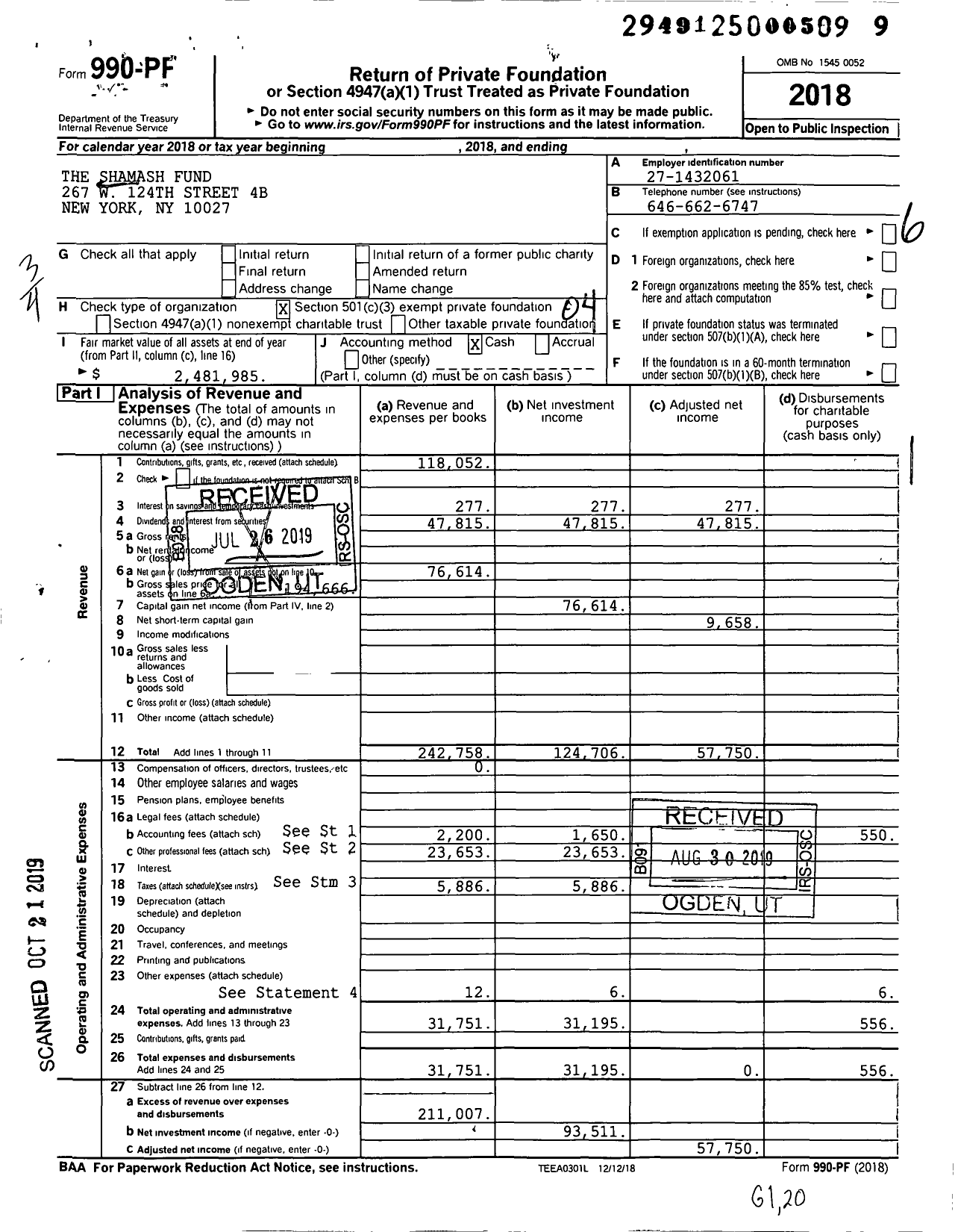 Image of first page of 2018 Form 990PF for The Shamash Fund