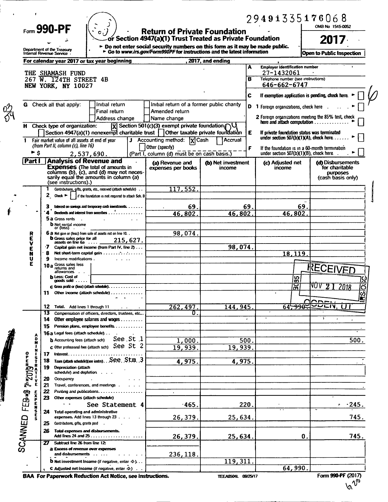 Image of first page of 2017 Form 990PF for The Shamash Fund