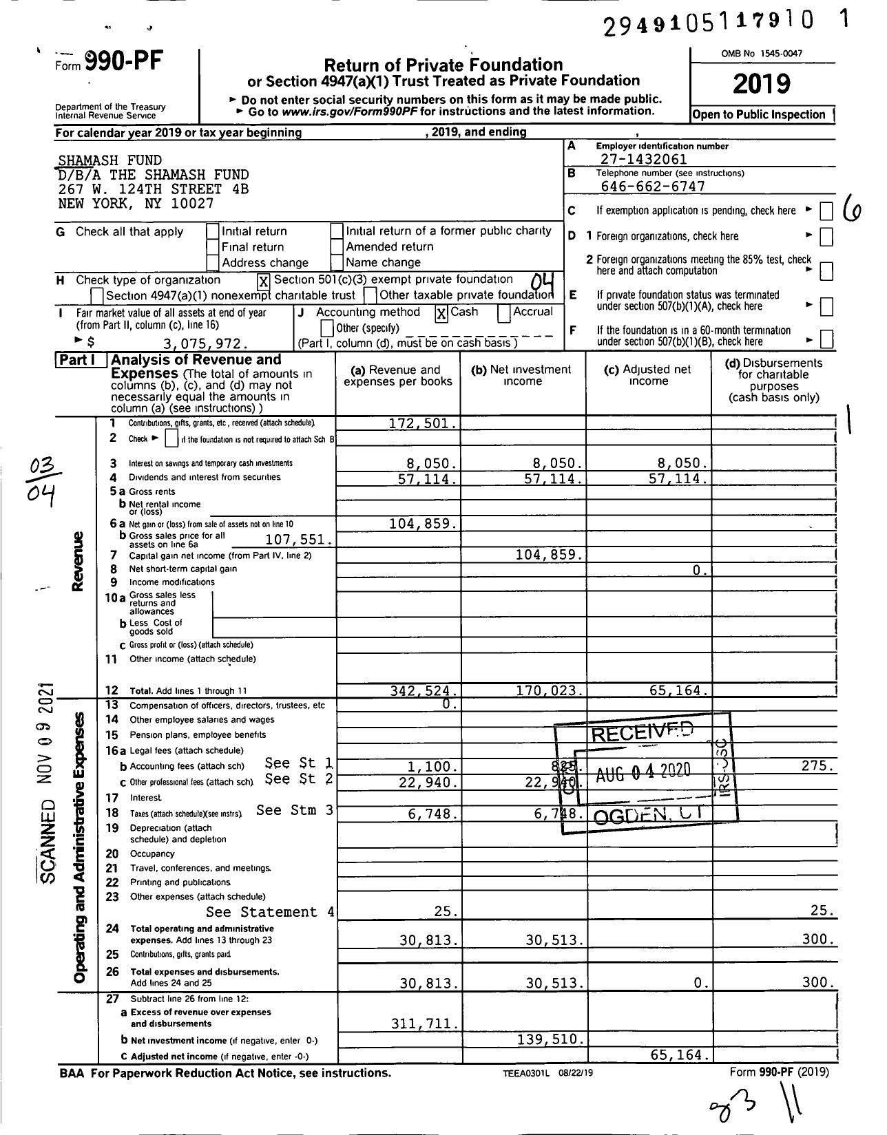 Image of first page of 2019 Form 990PF for The Shamash Fund