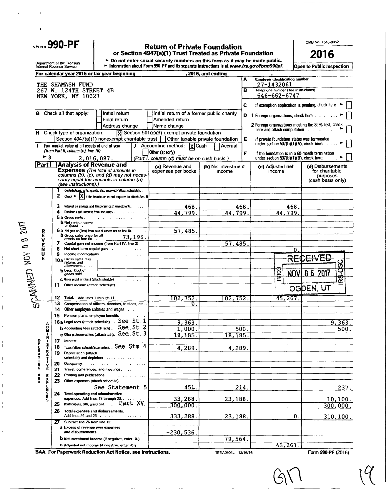 Image of first page of 2016 Form 990PF for The Shamash Fund