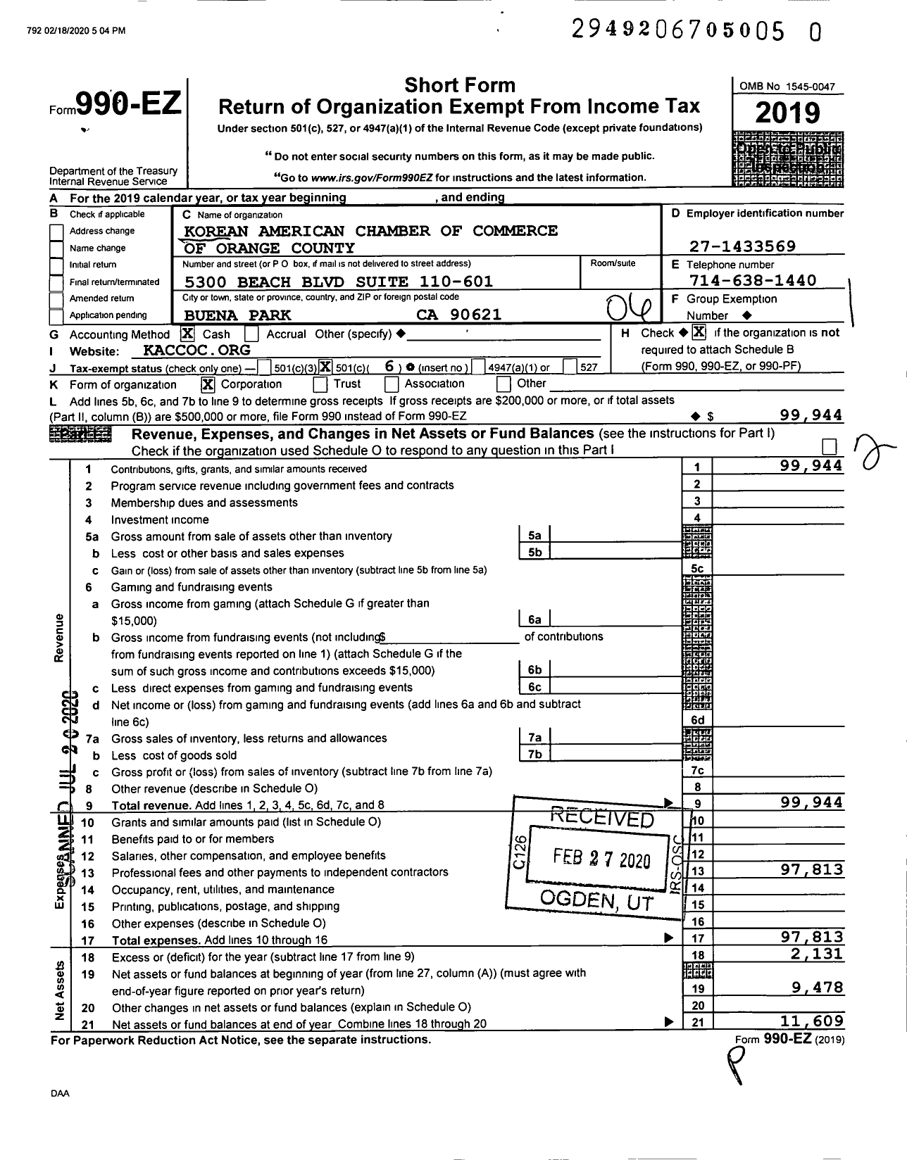 Image of first page of 2019 Form 990EO for Korean American Chamber of Commerce of Orange County (KACCOC)