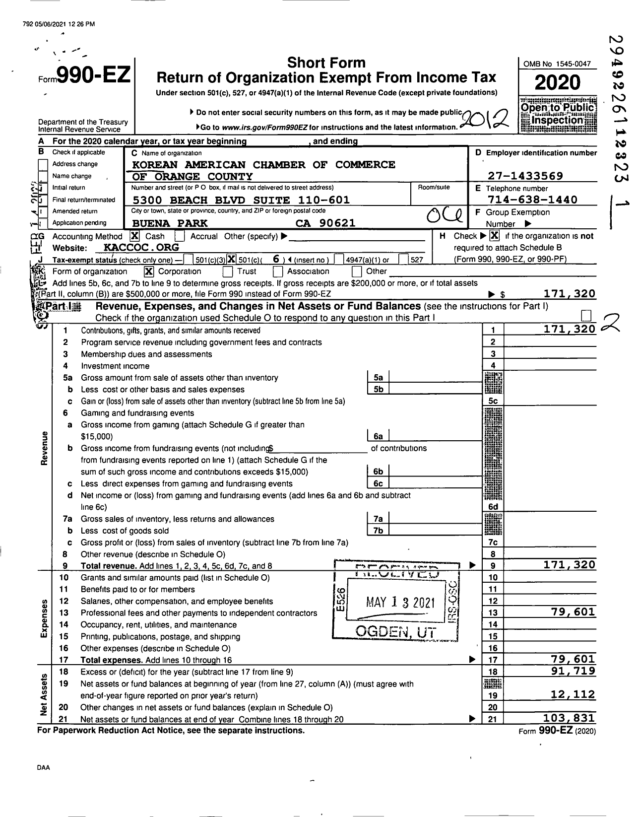 Image of first page of 2020 Form 990EO for Korean American Chamber of Commerce of Orange County (KACCOC)