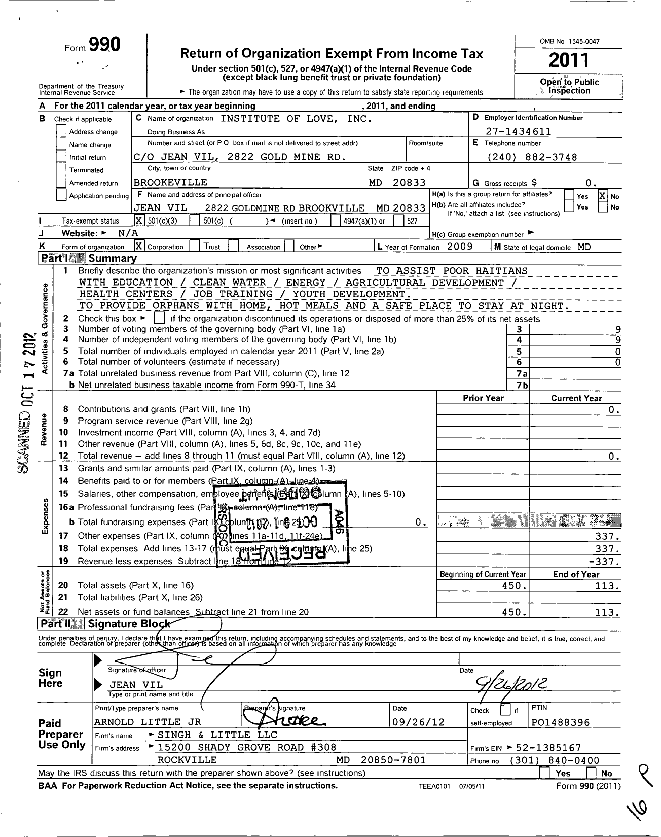 Image of first page of 2011 Form 990 for Institute of Love