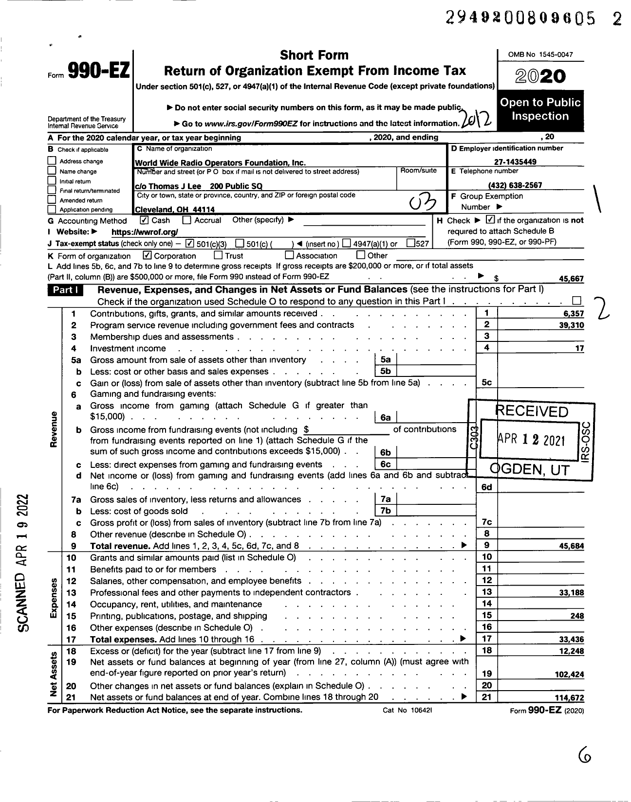 Image of first page of 2020 Form 990EZ for World Wide Radio Operators Foundation