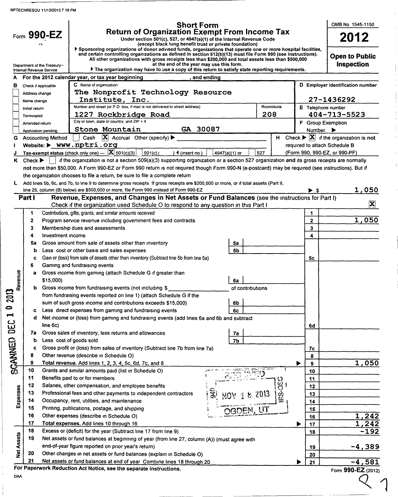 Image of first page of 2012 Form 990EZ for The Nonprofit Technology Resource Institute