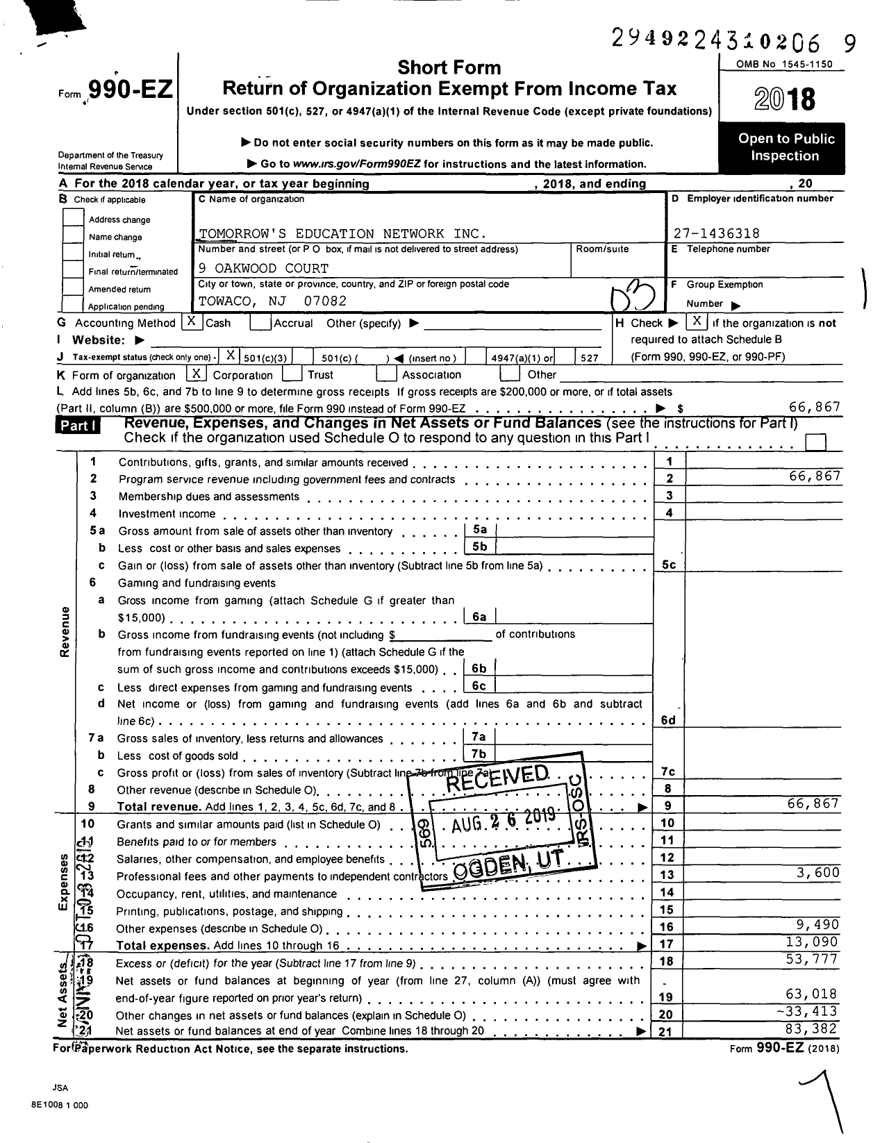 Image of first page of 2018 Form 990EZ for Tomorrow's Education Network