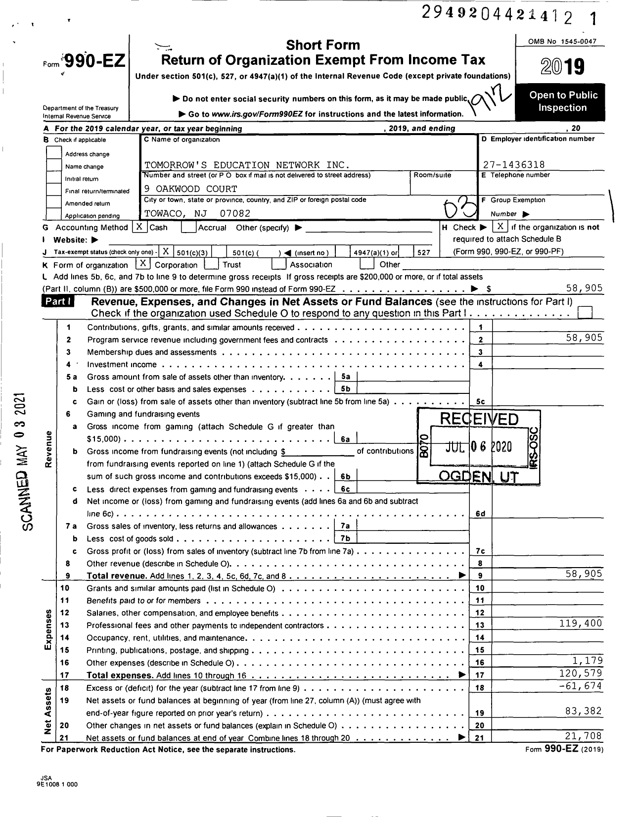 Image of first page of 2019 Form 990EZ for Tomorrow's Education Network