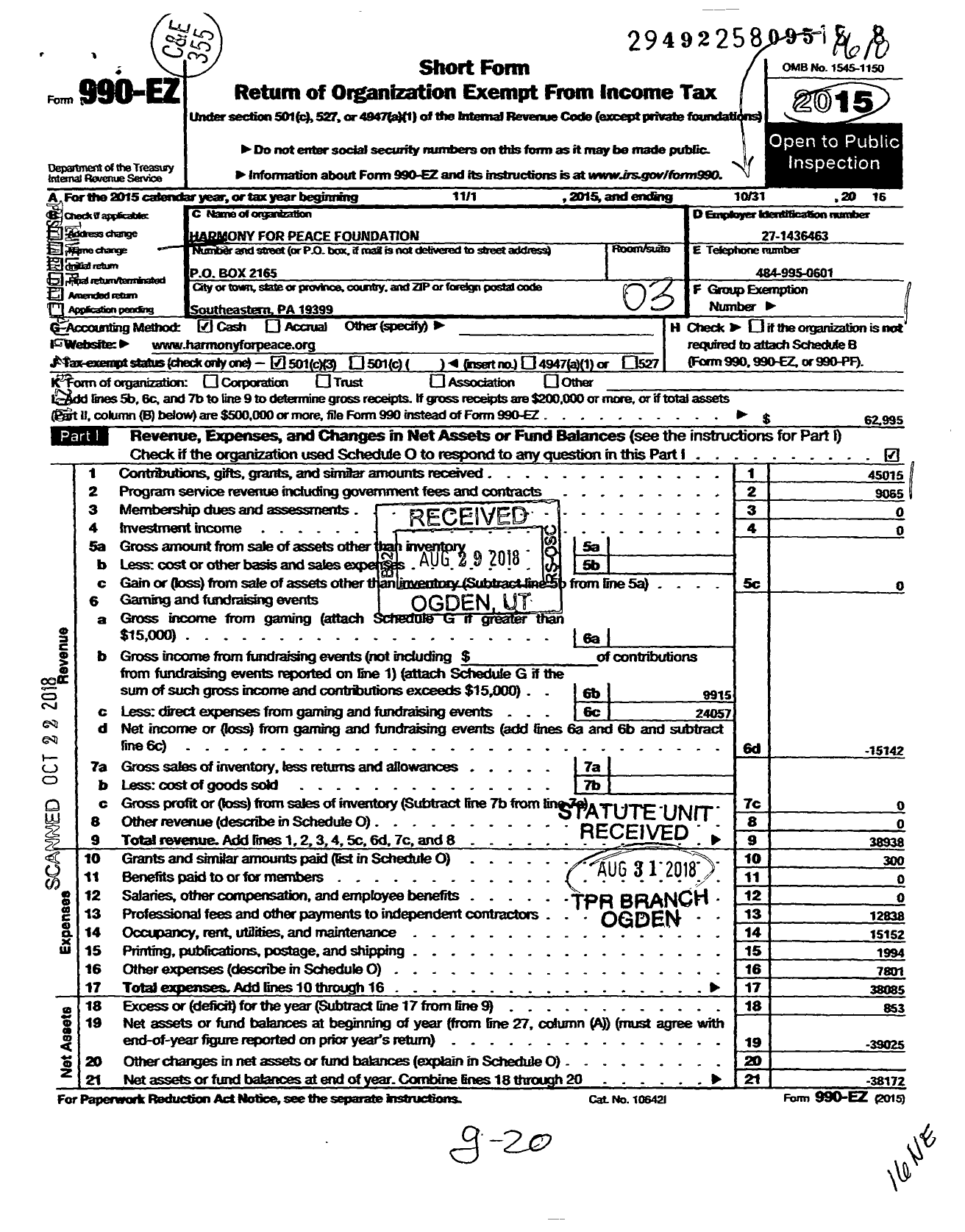 Image of first page of 2015 Form 990EZ for Harmony for Peace Foundation