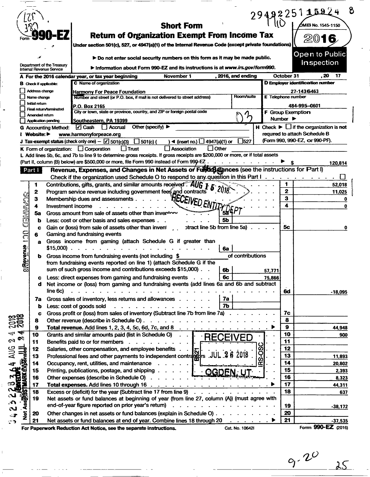 Image of first page of 2016 Form 990EZ for Harmony for Peace Foundation