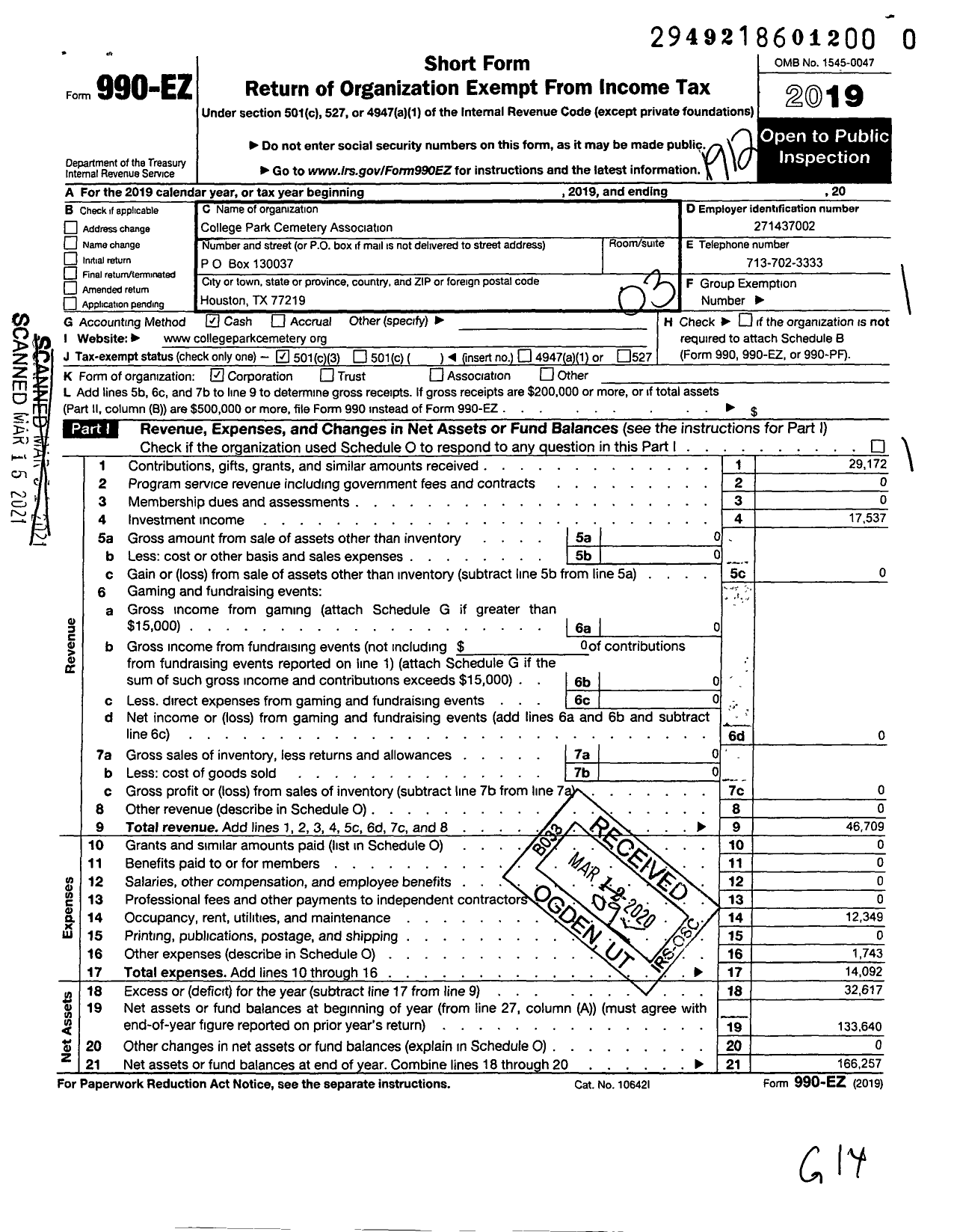 Image of first page of 2019 Form 990EZ for College Park Cemetary Association