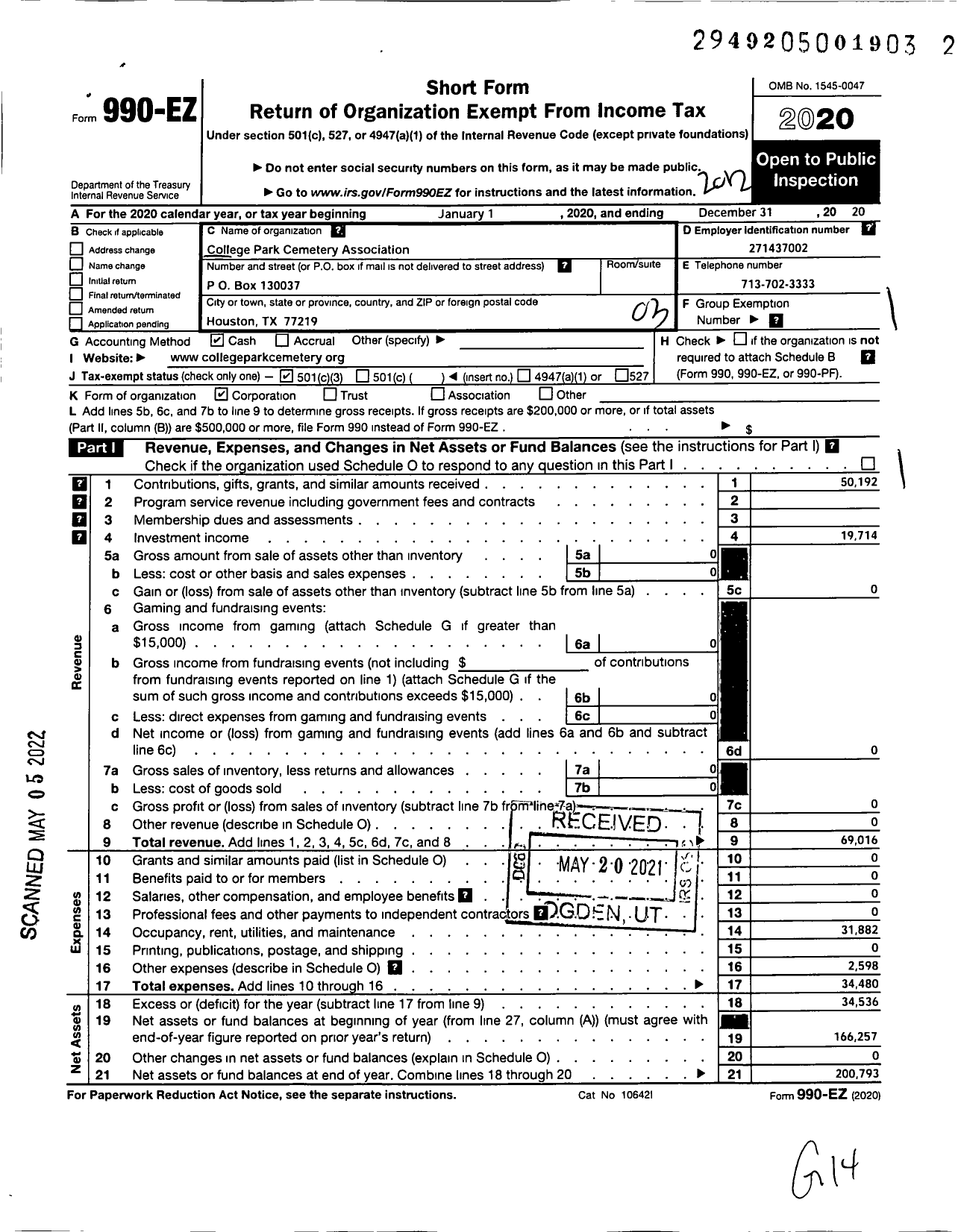 Image of first page of 2020 Form 990EZ for College Park Cemetary Association